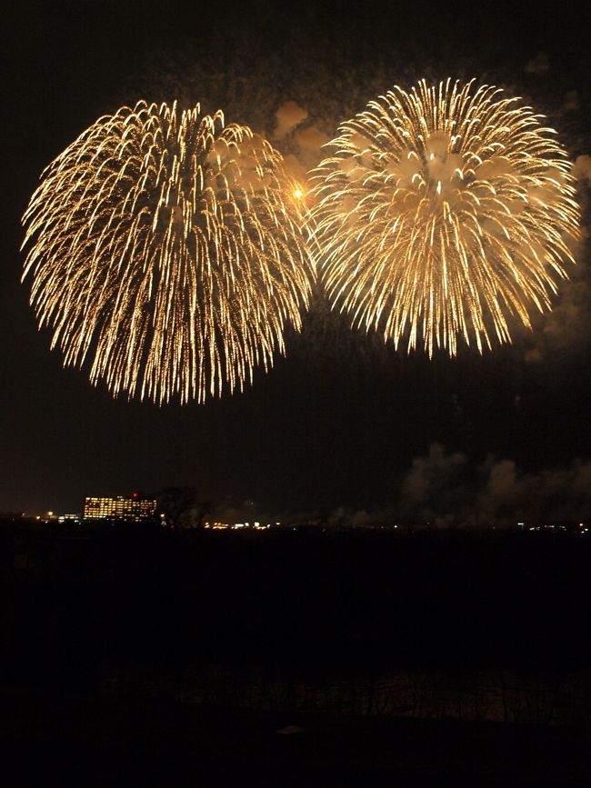 　越後長岡恒例の「雪しか祭り」（http://www.echigo.ne.jp/~naga-con/topics/08%20%20yukitop.html）が小雪の中開かれました。雪が無くイベントの一部が中止になりましたが、夜の花火は予定通り打ち上げられました。<br /><br />　今年はバレンタインと重なり、若者達が大勢参加し大いに賑わいました。<br /><br />　夕方６時４５分から７時までの僅か１５分間の行事でしたが、天候にも恵まれ信濃川土手には家族連れ等で冬の夜を楽しみました。<br /><br />　私は信濃川右岸の水道公園（http://www.pref.niigata.lg.jp/nagaoka/1205169344133.html）から対岸の花火を・・・・・