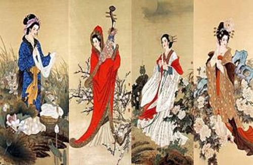 中国 四大美人 西施 貴妃 貂蟬 昭君 美人図 掛け軸 4本セット 中国 四大美人 西施 貴妃 貂蟬 昭君 美人図 掛け軸 4本セット