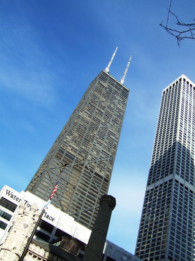 ジョン･ハンコック・センターとウォーター・タワー・プレイス。シカゴで4番目と9番目に高いビルが隣合っています。<br /><br />Ｘ-ブレイシングのジョン･ハンコックは、1,127フィート（344メートル）で、ピナクルまで入れると1,500フィート（457メートル）で、2番目に浮上します。<br /><br />2月の最終日曜日に行われる『 Hustle up the Hancock』は、ミシガン･アベニューから階段を駆け上がるというレースで、毎年4,000人以上の人々が参加するのだそうです。<br /><br />道路のレベルから、94階のオブザベイション・デッキまでの、フル･クライム･カテゴリーと、52階から登り始めるハーフ・クライム・カテゴリーがあり、それぞれ別の階段が使われます。<br />レースは朝の7時から始められ、8秒間隔のインターバルで出走します。<br /><br />この行事は、Lung Health Champion（肺の健康キャンペーン）のチャリティーとして行われるので、参加費が必要です。<br /><br />さて、その参加費は2種類あります。<br />まず次回の場合、2010年3月19日までに1人あたり1,000ドル払えば、事前登録してスタート時間を予約でき、登る練習ができ、プレミアム・ギフトが貰えて、ラング・ヘルス・キャンペーンのレセプションに出席できます。<br />一般登録の場合はフル･クライムが110ドル、ハーフが100ドルです。<br />2009年のレコードは、もっとも早い男性で9分32秒、女性では11分17秒でした。<br /><br />John Hancock Center<br />875 N. Michigan Ave Chicago, IL 60611<br />--------------------------------------<br />ウォーター・タワー・プレイスは、859フィート（262メートル）74階建てで、ショッピング･モール、ホテル（ヒルトン）、コンドミニアムのコンプレックス・ビルです。<br /><br />2007年には百貨店のロード・アンド・テイラーもクローズし、アンカーはメイシーズだけになってしまいました。（2005年にメイシーズがマーシャル・フィールズを買収）<br /><br />Water Tower Place<br />835 N. Michigan Ave Chicago, IL 60611-2218