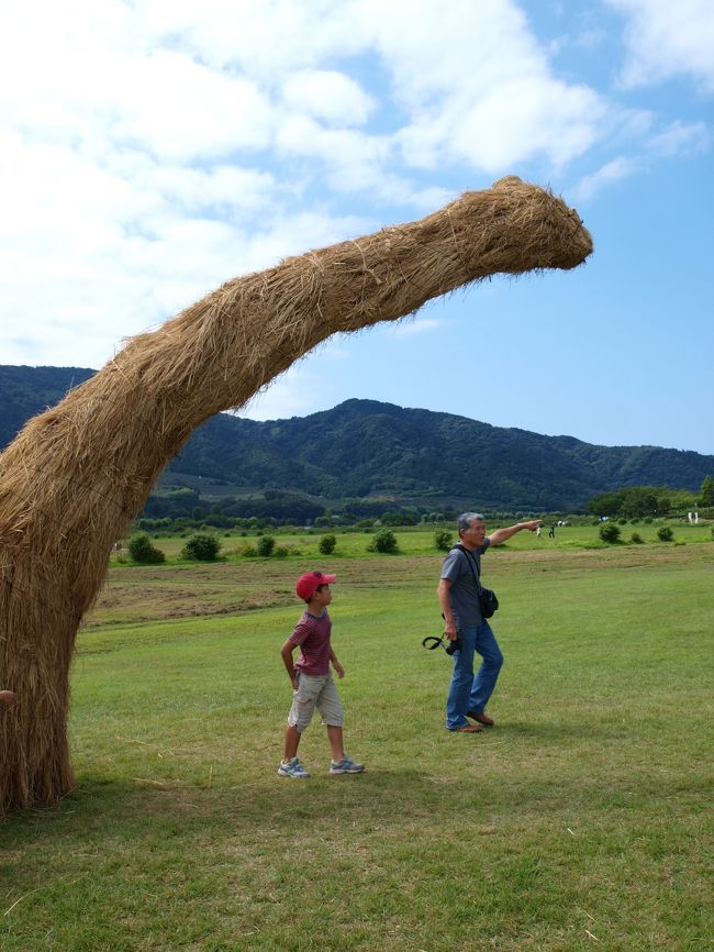 　越後平野（蒲原）も稲刈り本番の季節になり秋祭りも始まりました。秋の「わらアート祭り」（http://www.city.niigata.jp/info/nishikan/city/sangyou/kanko/09/090807wara.html）に出かけてきました。<br /><br />　秋晴れの週末北陸巻潟東ＩＣから角田山方面に向かい、角田山麓にある上堰潟公園（http://nature.gejigeji.jp/uwasekikata.html）駐車場に・・・・。<br /><br />　既に会場は予想以上の人達でごったがえしていました。（地元テレビ局も駆けつけてくるほど）地元特産の野菜や果物、近くで取れる海産物などの即売もあり大賑わいでした。<br /><br />　