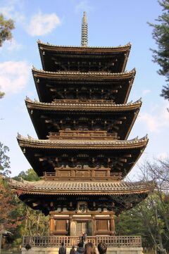 2009秋、紅葉の仁和寺(4/5)：五重塔、相輪、梵字扁額、木組、風鐸、金堂、阿弥陀三尊像