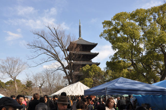 京都で２１日と言えば、「弘法」さん２５日の「天神」さんと両巨頭。信心の人々と共に、市を巡る人々で大賑わいをします。２月の２１日は、日曜日と重なったほかにこの時期としては異常な暖かさとなり、東寺の境内は大賑わいでした。