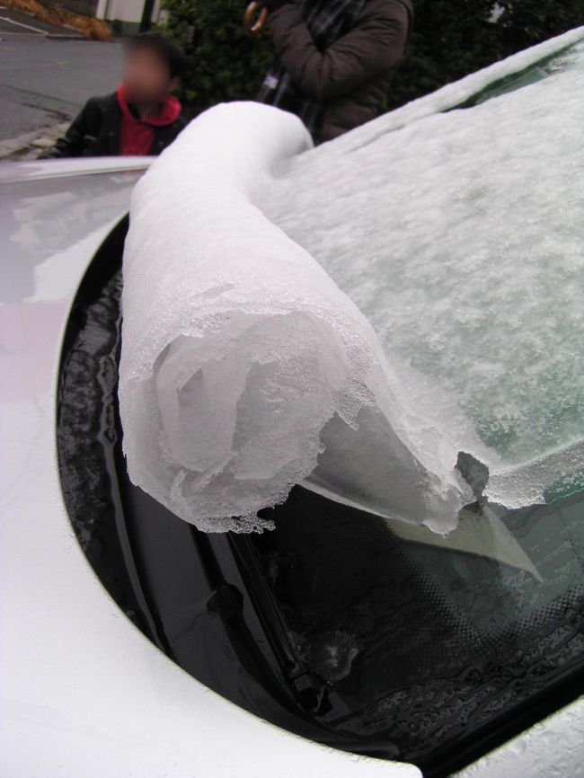 ◆雪のロールケーキみたい♪フロントガラスの雪氷<br /><br />【手記】<br /><br />　３月９日早朝出勤時、玄関のドアを開けて思わぬ積雪にびっくり！この時期、広島市でけっこうな雪が降ったのです。<br />　旅行記ではないのですが、雪のこの日、ひと仕事済ませたあとの駐車場にてあまりにも面白い‘自然現象’に出くわしましたので…＾＾；；）その写真をアップしてみました。<br /><br />　ロールケーキ状になったフロントガラスの雪氷です。これ、理論的にどう思われます？ナニコレ珍百景にでも採用されそうな現象だと思われませんか〜。<br /><br />◆３月９日中国地方概況<br />　中国地方は、低気圧や前線の影響で雪や雨が降っています。９日夜の広島県は、低気圧が西日本の南海上を通過する影響で、雲が広がり北部では夕方は雪が降るでしょう。<br /><br />　※津和野旅行記は画像処理が出来次第アップしま〜す。<br /><br />