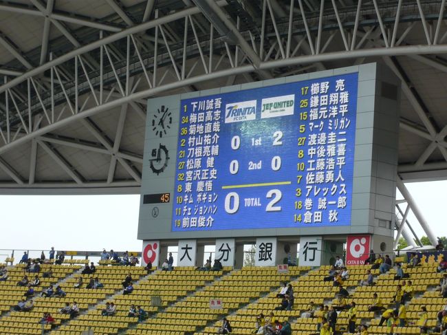 2010年J2第10節<br /><br />大分トリニータ×ジェフユナイテッド市原・千葉<br /><br />大分銀行ドームでの一戦を観戦記です。<br /><br />【旅の概要】<br />ゴールデンウィーク大分への道 島根編(2010/05/01)<br />http://4travel.jp/traveler/tabizukan/album/10460426/<br /><br />ゴールデンウィーク大分への道 下関編(2010/05/01)<br />http://4travel.jp/traveler/tabizukan/album/10460450/<br /><br />ゴールデンウィーク大分への道 豊前編(2010/5/1)<br />http://4travel.jp/traveler/tabizukan/album/10460464/<br /><br />大分別府 鉄輪温泉旅図鑑(2010/05/01)<br />http://4travel.jp/traveler/tabizukan/album/10462413/<br /><br />大分別府 地獄めぐり図鑑(2010/05/02)<br />http://4travel.jp/traveler/tabizukan/album/10465200/<br /><br />サッカー観戦 ジェフ千葉×大分トリニータ(2010/05/02)<br />http://4travel.jp/traveler/tabizukan/album/10465531/<br /><br />大分⇒松山 フェリーの旅(2010/05/03)<br />http://4travel.jp/traveler/tabizukan/album/10467414/<br /><br />