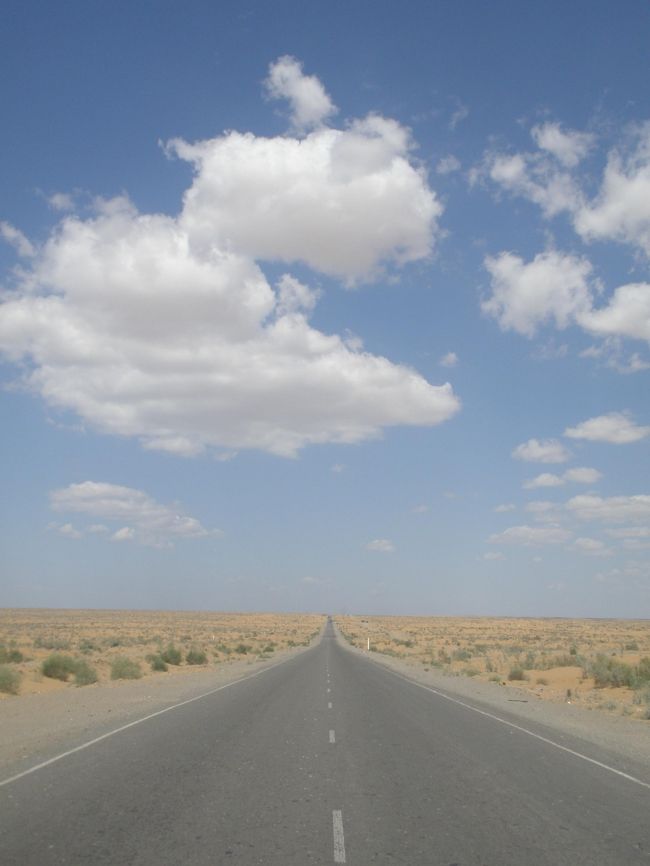 ウズベキスタンのサマルカンドに憧れ、ひとり旅。<br />初めての中央アジアでドキドキ・わくわく。<br /><br />行ってよかった！ウズベキスタン！<br /><br /><br />写真はヒヴァ→ブハラへ向かう途中、車がパンクして修理中に撮った一枚。<br />なーんにもない！空がひろいくて雲がいい感じ！<br /><br /><br />＜日程＞<br />5月26日成田発→関空<br />5月27日タシケント→ウルゲンチ→ヒヴァ<br />5月28日ヒヴァ→ブハラ★旅行記<br />5月29日ブハラ<br />5月30日ブハラ<br />5月31日ブハラ→サマルカンド<br />6月1日サマルカンド<br />6月2日サマルカンド<br />6月3日サマルカンド→タシケント→成田（4日着）