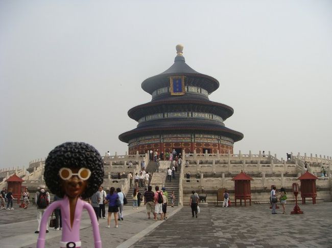 06/15/08<br /><br />北京最終日、チャリンコをレンタルして向かった先は、今回の中国の旅最後の世界遺産、天壇。ここは、明・清代の皇帝が五穀豊穣を祈願した祈念殿があり、釘を使用していない木造建築で有名らしい。<br /><br />敷地内では、北京市民が太極拳やなんかの運動をしているのが目に付いた。今回北京で万里の長城、頤和園、故宮、天壇と４つの世界遺産を回り思ったことは、全体的に建物の装飾が似ていること。多くの建物の天井には、全く同じなんじゃないかと疑うほどそっくりの竜の紋章みたいなのがいくつもあったし、屋根には数匹の動物が仲良く並んだ彫刻みたいなのがあった。こういうときに旅行ガイドがいると色々聞けるんだろうなぁ。でもガイドがいないおかげ？！でマイペースに写真が撮れて満足だった（笑）<br /><br />空港に向かうまで少し時間があったから食事をしようと、レストランに入った。注文してから気付いたのだけど、2元程ランチ代が足りなくて、クレジットカードも使えないし、英語も全く通じないもんだから銀行で下ろしてくるというのも伝わらなくて、結局US１ドルで勘弁してもらった。結果的に数十円損したカンジになるけど、結果オーライってことで（笑）お店のおねーちゃんは、始めて米ドル札を見るのか興味津々で＄１札を見るし、換算レートまでなみおに聞いてくる始末。なみおもテキトーなら相手もかなりテキトーでウケてしまった（笑）<br /><br />今回の北京旅行は、思ったよりもマイペースというか直感が役立った。移動手段は、バスと地下鉄とレンタサイクルで、ローカルバスは、乗りたいバスが30分待っても一向に来ないので諦めて「このバスなら大体近くに停まるだろう」なんて気軽な気持ちで別のバスに飛び乗ってなんとか自分で地下鉄で乗り換えが出来そうなバス停で降りたり、最近あまり感じていなかった自分の中のテキトーな部分が大活躍だった。基本的に心配性のなみおが、あまり深く考えずに今までの自分の日本での生活では考えられないことを毎日経験してるカンジがして１人で旅していることが楽しく思えてきた…。