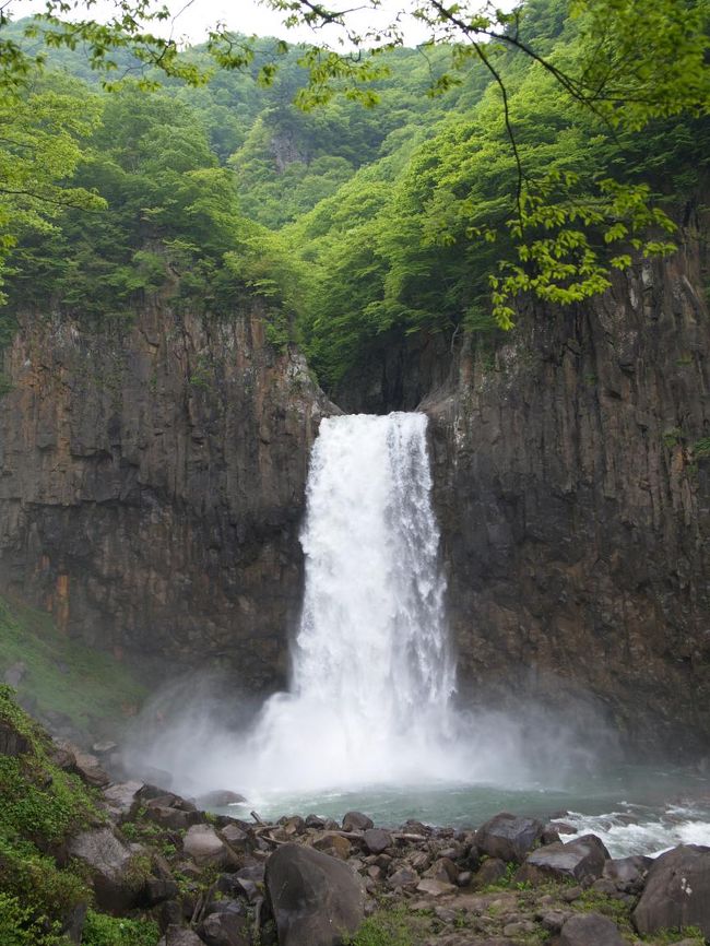 梅雨入り前に富山、新潟、長野、群馬と3泊4日でドライブ旅行をしました。主な目的は、百選滝めぐりと季節の花めぐり、そして温泉でまったりすることです。<br /><br />旅２日目は滝三昧。妙高山麓の２つの百選滝と長野県の米子大瀑布を制覇するというハードかつ贅沢な１日です。<br /><br />惣滝から同じ妙高山麓にある苗名滝へ向かいました。両滝の直線距離は5km足らずですが、車で約30分かかります。苗名滝の轟音を響かせながら落ちる様から「地震」のようであるとされ、地震滝と呼ばれていました。昔は地震のことを「なゐ」といい、口語に転じて「なえな」滝となり、苗名滝と名付けられました。落差55mの直瀑で、まさしくこれぞ「滝」です。<br /><br />苗名滝で百選滝６８滝目制覇となりました。<br /><br />大滝滝見難易度：０、苗名滝滝見難易度：２<br />参考　滝見難易度０：道路から見える、１：片道徒歩５分以内、２：片道徒歩１５分以内、３：片道徒歩３０分以内、４：片道徒歩１時間以内、５：片道徒歩２時間以内、６：片道徒歩２時間以上もしくは２時間以内でも特別な装備が必要な場合など。私の旅行記ではほとんど出現することはないと思われる。<br />注意　滝見難易度はあくまで私の主観によるものであり、また季節や天候により難易度が上がる場合もあります。私の旅行記を参考にされて、「違うかったやんけ」とおっしゃられても責任は負えませんのでご了承ください。また、難易度が高い場合はできる限り単独行は避けるようお願いします。