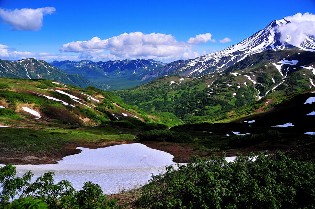 残雪が残るカムチャッカの山で<br />花最盛期の高山植物を鑑賞しました<br /><br />この旅行記は<br />３日目のビリュチンスキー山の花ハイキングです<br /><br />表紙写真はビリュチンスキー山ベース地の風景です<br /><br />次の旅行記はビリュチンスキー山花ハイキングです<br /><br /><br /><br />