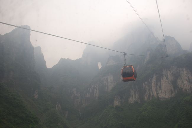 初めての中国本土がいきなりマイナーな張家界。おまけに雨が多く、山水画の世界と云えばいえるけど見逃した景観も多い旅でした。<br /><br />その中で秀逸だったのは天門山国家森林公園。似た名前で天子山というのがあり紛らわしいけど、個人的にはこちらが数枚上。こんなに迫力あるケーブルカー（世界一）。自然保護も大事だが中国ならではの設備。<br />武陵源に行ったら是非乗るべき。<br /><br />後で詳しく調べると天門山には他に見るべき所が沢山あります。<br />私達はケーブルで索道下駅→索道上駅、そのまま即リターンして索道中駅。索道中駅からバスで通天大道を通って上天梯→天門洞。<br />またバスで通天大道を降り、索道中駅→索道下駅というコースです。<br />しかし、索道上駅からはやや平坦で広大な頂上が広がり雲夢仙頂、鬼谷桟道、天門山寺など１日では見ることが出来ない程の景勝地があります。<br />もう一度、個人旅行で行くべきかどうか・・・<br />