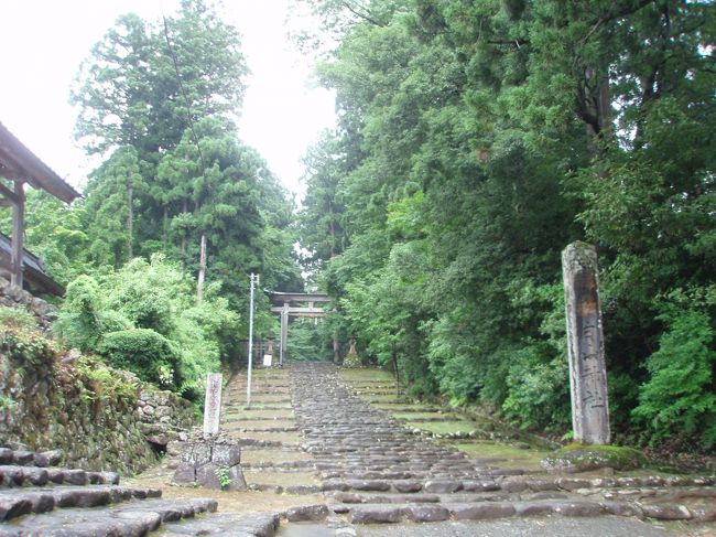 外は雨である。それも、台風の余波の雨だから、降ったりやんだり、風が強くなったり弱くなったりと不安定な天気である。<br />福井から乗ったえちぜん鉄道の車窓の、褐色ににごった九頭竜川がだいぶ近付いてきたと思ったら、終点の勝山に到着する。福井から小一時間の旅である。折角なのでアテンダントに平泉寺へのバスがあるかどうか尋ねてみる。残念ながら、いい時間のバスはないらしい。タクシーで７，８分とのことなので、駅前に待機していたタクシーに乗る。<br /><br />タクシーの運ちゃんは話好きなタイプらしい。駅と市街地を隔てる九頭竜川の長大な橋を渡りながら、駅の裏にある山の遊歩道を歩くと、勝山の町がよく分かると話し始めた。どういうことかというと、勝山の町は典型的な河岸段丘に開けた町なので、町の中に２〜３メートルほどの段丘がある。段丘に開いた田んぼを補強するために、何百年も前から石垣が築かれたところもあるという。たしかに川から垂直方向に伸びる道は、ところどころで傾斜が急になっている。<br />「雨が降って、お客さんは運がいいですよ」と運ちゃんは言う。平泉寺は苔が有名だが、この雨で潤いが出ただろうとのことである。前日までの福井はひどく暑くて、平泉寺の住民も暑いといっていたそうである。平泉寺のあたりは、標高があり、木々がうっそうとしていて直射日光にもさらされないので、いつもは夏でも涼しいのだそうだ。<br />平泉寺が近付くにつれ、道路の傾斜がつよくなり、沿道に杉の古木がうっそうとした影を落とす。車道に沿って石畳の道がところどころ並行していて、運ちゃんによると、古い参道で発掘作業中なのだそうだ。<br /><br />平泉寺の門前に到着。緩い石段がまっすぐ延びている。途中にある鳥居は、日枝神社スタイルの山形のものである。寺といいつつ、雰囲気はほぼ神社である。白山信仰の拠点である白山神社がそもそものルーツで、平泉寺はその別当寺だったとのことだが、室町時代には寺としての勢力のほうがマックスになり、その大伽藍も一向一揆で丸焼けになってからは鳴かず飛ばずとなって、明治の神仏分離で白山神社だけが残ったということである。<br />いまはすっかり長閑な神社だが、幅広い石段の参道が続くさまは荘重にして厳粛であり、折からの雨とうっすらかかる霧が幽玄かつ静謐さをかもしだす。そんな石段を登っていくと、本堂が現れる。雪国の神社らしく、板張りの壁にぐるりと囲まれて味も素っ気もないが、周囲の苔は緑の毛氈を敷き詰めたよう…という程度の陳腐な形容しかできないが、実に見事である。<br />奥社を参拝する。その奥は、白山への登山道の始点である。そこは既に山の中で、細い登山道が木々の間を縫って続いているのが見えるばかりである。山の気がすぐそばまで迫っているような気がして、ちょっとばかり怖気をふるった私は、参道を下っていったのだった。