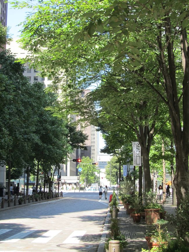 9月1日、需要家訪問後に東京駅に立ち寄り、丸の内仲通り付近を久しぶりに歩いた。<br />連日の酷暑の中であるが、さすがに丸の内仲通には,シナノキ,ケヤキ,ユリノキ,プラタナスなど多くの樹木が植えられており、プラタナス等の並木道があるためか木陰ができていて暑い中にも気持ちが良かった。<br /><br /><br /><br />＊写真は丸の内仲通りの木陰がある風景