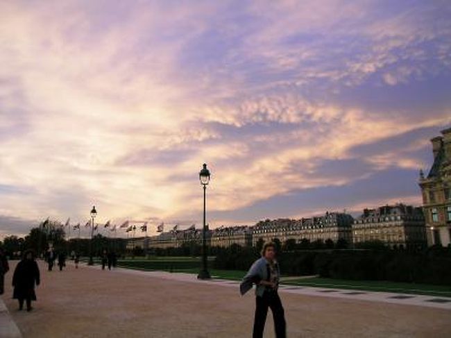 ルーブル美術館中庭（カルーゼル庭園）の夕焼け　2006.10.25<br /><br />はじめに<br />フランス　ブルゴーニュ地方南部のボージョレ地区で造るワインの新酒、いわゆるボージョレ・ヌーボーの余韻のさめぬうちに、ぶどう畑を訪ねた旅日記を紹介します。<br />日頃のハードな業務に耐えた自分への褒美にと出かけた、写真とワイン好きを自認する私の今年の海外旅行は、いつもの９月末の夏休より１ヶ月遅れて、１０月末になりました。<br />主な目的はこの時期に合わせて、ワインの名産地ブルゴーニュの、なかでも名酒　ロマネ・コンチの故郷ヴォーヌ・ロマネ村などのあるコート・ド・ニュイ地区のぶどう畑の黄葉の写真撮影でした。<br />コート・ド・ニュイ地区はブルゴーニュの中心都市ディジョンを起点に、幅約10Kmで南へ30Kmほどまでのそれほど広くない地域です。<br /><br />ブルゴーニュの前に訪れたアルザス地方の中心都市ストラスブルグは世界遺産の大聖堂、オランジュリー公園、コウノトリ、木組の家並みが美しいプティ・フランス、都市交通システム（パーク&amp;ライド）のトラムなどが印象に残り、帰りに寄ったパリの夕焼けは、いままでこんなの見たことない、というほど感動的で、一人で見るのはもったいない風景でした。<br />（この記事は社内誌の2006年12月号に掲載したものです）<br />　　　───────────────────────────<br />フランスの旅2006　アルザス・ブルゴーニュ・パリ<br /><br />2006年10月25日（水）曇り　パリ<br />ディジョン発9：34発のパリ行きＴＧＶは２編成を連結したすごく長い列車だった。ディジョンを出てしばらくは石灰岩らしい白っぽい山肌を見せる小高い山が多いが、次第に緑色を増し牧草地に牛や羊の姿が見えた。紅葉はまだだ。平地に来ると俄然　スピードアップ、さすがTGV（Train a Grande Vitesse）だ。　世界初高速列車<br /><br />12時少し過ぎにパリのリヨン駅に着いた。しばらく駅構内をぶらぶらして、雑踏の中を人々が行き交う雰囲気を楽しんだ。パリに限らないが鉄道の終点になっている駅は、出発と到着にかかわる人々の期待と不安とが入り混じり、さまざまな出来事が繰り広げられるドラマの舞台のようで、その場にいるだけで面白く好きだ。<br /><br />予約したホテル　アカデミアのあるサンジェルマンまでは地下鉄で30分もかからなかったが切符を買うのには一苦労した。どこを探しても切符を売る窓口は見当たらず自動券売機しかない。<br />慣れていない人が多いらしく一人が数分もかかっているので心配して、私の前の人に、難しいの？と聞くと丁寧に教えてくれた。ﾒﾙｼｰﾏﾄﾞﾓｱｾﾞﾙ<br />サンジェルマンデプレ駅を出て交差点の北東角のサンジェルマンデプレ教会の向かいにある有名なカフェ、ドゥーマゴやカフェフローラ前を通って少し行ったところ、サンペール通りのパリ第5大学の前にホテルはあった。薬学部らしく校舎の壁面にはそれらしいレリーフがずらりと掲げられていた。<br /><br />チェックインの際、なるべく静かな部屋をと注文したが２階の車道に面した部屋だった。<br />でも古い建物を最近手入れしたとネットの案内に書いてあったとおりで、二重窓になっていて一安心した。<br />パリは今回の旅行の主目的地ではないのと、ディジョンで予定の写真が撮れた達成感も手伝い、緊張が薄れて心地よい疲労感に襲われた。こういう時は個人旅行の気軽さで熱い湯にゆっくりつかり昼寝にかぎる。小さな贅沢というもの。<br /><br />夕方になって雲が色づいてきたので好きな夕刻の写真を撮ろうと出かけた。セーヌ川に向かいフランス学士院の立派な建物の前の橋ポンデザールを渡ってルーブル美術館へ。<br />見学のつもりはないが、地下のカフェテリア式のレストランはおいしいものが手軽に食べられるので一人の時にはお勧め。サラダとサーモンにワインがついたセットで11.9ユーロ。<br />このレストラン街は私はワールド・キッチンと呼んでいますが、正式にはレストラン・デュ・モンドRestaurants du mondeです。<br />ホームページhttp://www.carrouseldulouvre.com/W/do/centre/fiche-boutique-restaurants_du_monde<br />紹介サイトhttp://paris.navi.com/food/24/<br /><br />出口地階のガラスのピラミッドの下まで来るとガラス越しに夕日に染まった建物が見えた。何かを予感させる光景で期待に心が躍る。<br />地上に出るとなんと夕焼けで、ピンクがかった　紫色の光があたり一面を染め、幻想的な光景を作り出していた。建物のガラス窓に反射する光があたかも部屋の明かりと見紛うばかりで、その景色の中を西側のチュィルリー公園へ。この時刻にはまだ街灯は点灯していないので夕焼け空の色がいっそう引き立つ。<br /><br />そこにいた人々は皆ゆっくりした足取りで、それぞれに雰囲気を楽しんでいる様子だった。吉田美和のbeauty and harmonyの最後の一節｢この世界の　美しさを　ずっとあなたと見られますように｣を思い出しながら。<br /><br />遠くにストロボが光るエッフェル塔、近くの大理石像や丸い池の端の椅子の人々はシルエットでその景色を演出していた。コンコルド広場から同名の橋をわたり、セーヌ川の夜景にしばらく見とれ、暖かみのある普通の照明に切り替わったエッフェル塔を写した。<br /><br />帰り道のサンジェルマン通りはもうすっかり夜のたたずまいで、ショーウィンドーが映える時間帯に入っていた。<br /><br />10月26日（木）晴れ　　　パリ<br />７時半過ぎに地下の食堂はまだ一人しかおらず、昨日の朝食時とは違って静かだった。日の出の町並みを撮ろうとカメラとコートのポケットに入れたレンズだけ持ってサンジェルマン通りへ出ると、通りの真ん中から昇る朝日がまぶしかった。レンズに光が直接当たらないように立つ位置を工夫しながら逆光に輝く路面を狙った。<br />今朝はセーヌ川沿いに東へ歩きポンヌフからさらにその先のノートルダム寺院へ向かった。<br />日の出前のセーヌ川周辺は人通りもほとんど無く静かな雰囲気で、東の空を群れ飛ぶハトが唯一動きを感じさせる。パリその2へ続く。<br /><br />撮影 CONTAX RX <br />Vario-Sonnar 3.4/35-70, Distagon 2.8/25,　Planer 1.4/50<br />FUJI COLOR Pro400(ﾈｶﾞﾌｨﾙﾑ）<br />画像サイズ1840×1232にデジタル・データ化<br />気になる写真は元画像に拡大してご覧ください。無料です。（笑）　<br />編集・公開　2010.9.21<br /><br />クチコミ「スリの被害に遭わないための予防策」2011.3.28<br />http://4travel.jp/traveler/810766/tips/<br /><br />現地の日の出・日没時刻はこのクチコミ記事で簡単に調べられます。<br />http://4travel.jp/overseas/area/europe/france/mont_st_michael/tips/10177076/<br /><br />お気に入りブログ投票（クリック）お願い<br />http://blog.with2.net/link.php?1581210<br />