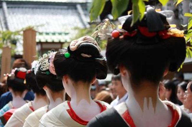 京都　東山　安井金毘羅神社で毎年櫛祭りが行われる。<br />日本の古代から、現代までの髪型を結い代風俗の結髪・着付けが披露される。<br />地髪をベースに結い上げるのを基本とのこと<br />JRのイベントが開催されていたので参加してみた。<br />安井金毘羅神社は、縁切りで有名で、境内に掲げられている絵馬は、その人の切りたい縁をなまなましく書いてあり、人生模様が目に浮かんだ。<br />雨が降りそうだったので、櫛祭りの行列ルート、時間の変更があり、見逃した部分が多い。<br /><br />