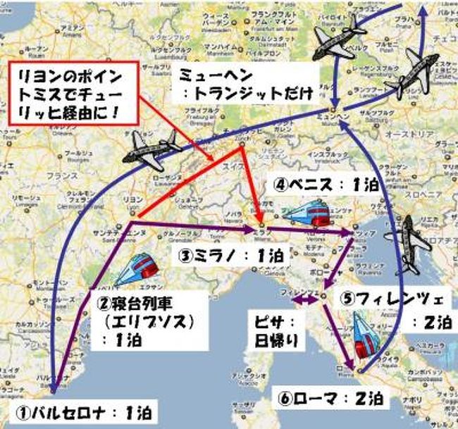 家族でスペイン、イタリアに行ってきました。。家族４人＆祖母の計５名です。メインは、バルセロナ、ミラノ、ベニス、フィレンツェ、ピサ、ローマ。<br />・飛行機はANAで3名は特典航空券、2名はエコ割（大人１名、子供１<br />　名）で合計で４９０、０００円<br />　※特典航空券でもサーチャージや税金とかで１名４５，０００円<br />　　くらいかかりました。<br />・バルセロナからミラノはエリプソスのサルバトールダリの寝台特急<br />　（５名で合計：７０、０００円）⇒トラブルでチューリッヒ経由の大幅遅延で４ヵ月後全額返金<br />・イタリア国内はメインの３区間を鉄道移動（５名で合計：４７、<br />　０００円）<br />・ホテルは７泊（毎回２部屋確保、合計：２００、０００円）<br /><br />ホテルは１泊１部屋１４０００円くらい、鉄道はイタリアのメイン区間は一人３０００円くらい。やっぱり、夏休みだから航空券は高いですね。