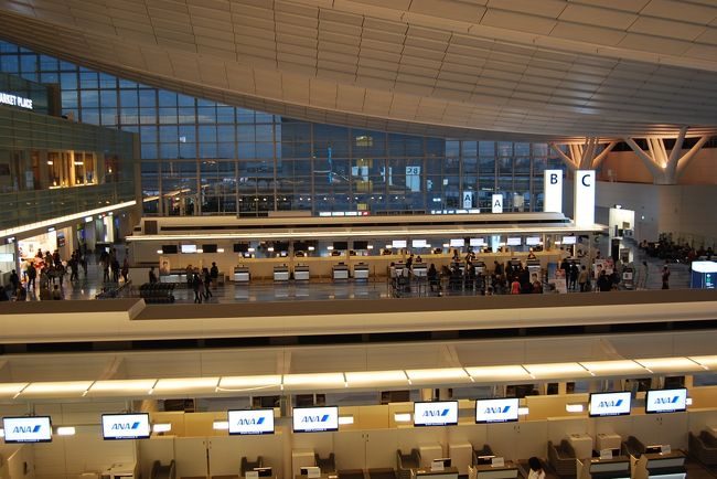 10月23日、午後4時頃に東京モノレールを利用して国際線ターミナル駅に到着した。<br />初めて降りる駅と期待感からかワクワクしながら降り立った。<br />写真を撮影して三階の出発口へ向かい、後は交通整理の人の誘導でエスカレーターで五階の展望デッキへ進んだ。<br />というのは明るいうちに国際線ターミナル周辺の景色を見たかったからである。<br />約45分くらい、展望デッキで過ごしたのち、四階の江戸小路、江戸舞台を見て回り、最後は三階のチェックインカウンター付近を見て、京浜急行で品川迄乗り帰宅した。<br /><br /><br />＊写真は国際線ターミナルの三階出発フロアの風景