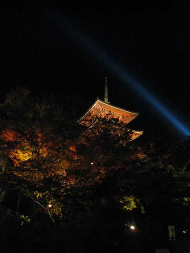 　◆③人、人、人の紅葉の清水寺◆<br /><br />前回の旅行記からだいぶん時間が経ちましたが、<br />やっと清水寺の夜間拝観・・・完結。<br /><br />『一澤信三郎帆布』を後にして、そろそろ清水寺方面に歩いていくことに。<br />少し南下すると八坂神社。<br />ここに来るのは10年ぶりぐらいかな。<br />学生の時に京都に住んでて、21世紀のカウントダウンは八坂神社でやろう!!<br />と張り切って家を出たのは良かったけど、四条通りのあまりの人の多さで八坂神社の前でストップ。<br />結局そのまま動けず、八坂神社目前の四条通りで21世紀を迎える羽目に。<br />こんな感じの久々の八坂神社。<br />