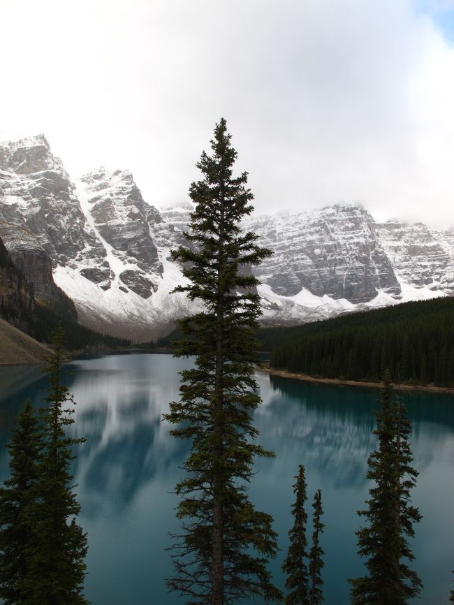 モレーン湖(Moraine Lake)は、カナダ･アルバータ州のレイクルイーズ近郊、標高1884mに位置する氷河湖である。バンフ国立公園内にある。面積は0.5km&#178;であり、湖の後方にはかつて20カナダドルの絵柄にも採用された「テンピークス」という10の頂がそびえ立つ。<br />氷河の雪解け水によって形成されるモレーン湖は6月下旬まで満水にならないが、夏のバカンスシーズンにはターコイズブルー（トルコ石の青色）の非常に美しい湖水を満々とたたえ、多くの観光客の心を捉えて離さない。この不思議なまでに青い水は、雪解け水と一緒に流入する氷河によって削り取られた微細な土砂が湖水を浮遊し光が屈折するためであると言われている。<br />（フリー百科事典『ウィキペディア（Wikipedia）』より引用）<br /><br />モレーン湖については・・<br />http://www.rvabanff.com/morainelake.html<br />http://www.youtube.com/watch?v=Z6XoGYUyRBo<br />http://ameblo.jp/maplefunstaff/entry-10477032338.html<br /><br />秋のカナダ・グランド周遊１０日間<br /><br />９月２４日（金）　３日目<br />　　　　　レイクルイーズの湖畔を散策<br />09:30： バス、ホテル発<br />【世界遺産カナディアンロッキー観光へ(約10時間)】<br />ロッキーの宝石・レイクルイーズ(下車)、モレーン湖(下車)、ボウ湖(下車)<br />北米大陸最大のコロンビア大氷原(下車)では雪上車に乗り、氷河に降り立つ。<br />その後、ギフト店、ペイト湖(下車)　旧大陸鉄道駅舎レストランで夕食<br />20:30：ホテル着。<br />【宿泊地：カンディアンロッキー、(フェアモント シャトー レイク ルイーズ)泊】<br />　<br />