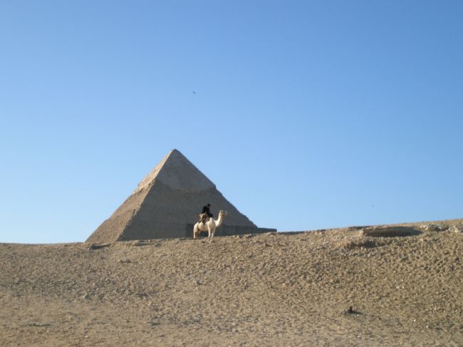 　一度ピラミッドをみたいと思い行ってきました。ギザでは町のすぐそばに砂漠があり、ピラミッドがあるのには驚きました。遙か昔にこのような大きな建造物が造れたことは驚きです。以前はピラミッドに登れたらしいのですが、今は禁止でした。近くに行くとかなり傾斜が急で、階段の幅も狭いことから禁止されていなくても登らなかったでしょう。一回アンコールワットで、幅の狭い急な階段には苦労しましたから。一日中、ほこりっぽいせいでしょう、多くの人（私も）のどをやられました。マスクをつけておいた方がいいというアドバイスに従うべきでした。
