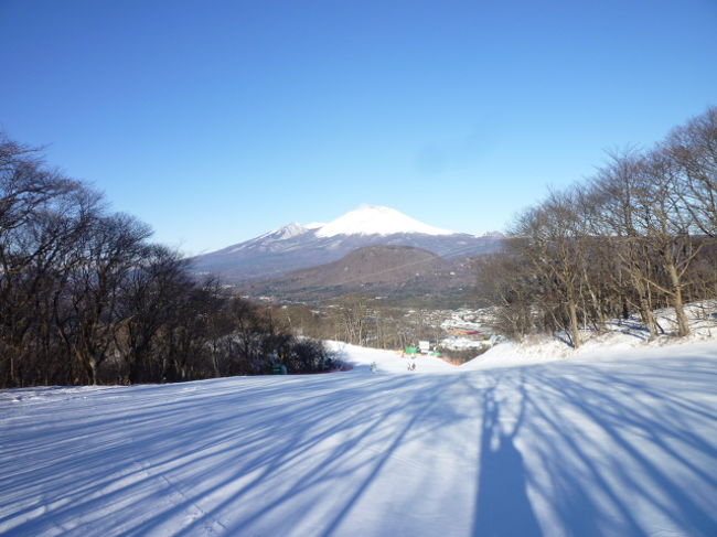 毎年恒例の冬の軽井沢。<br />愛犬と一緒に初めてのコテージで宿泊。<br />1月7日〜1月10日の3泊4日。<br /><br />1月8日午前。<br />心地よく目覚め。<br />朝食はもちろん、ルームサービス。<br />和食をチョイス。<br />かなり充実した内容で、お腹がいっぱい。<br /><br />コテージからスキー場へ。<br />雲ひとつない真っ青な空と美しいスキー場。<br />名峰浅間山を眺めながらのスキーは最高！<br />人は少なくまばらなので、爽快に滑り、幸せ。<br />今回は夜間に低い雲がなかったのか、白い樹氷が見られず、残念！