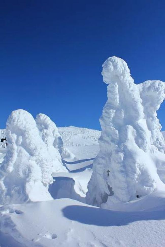 大雪で見合わせていた樹氷見学<br />1月27日快晴の空色に誘われ秋田県北秋田市阿仁の森吉山に<br />ゴンドラに乗り360度のパノラマの樹氷原を山頂めざす。<br />