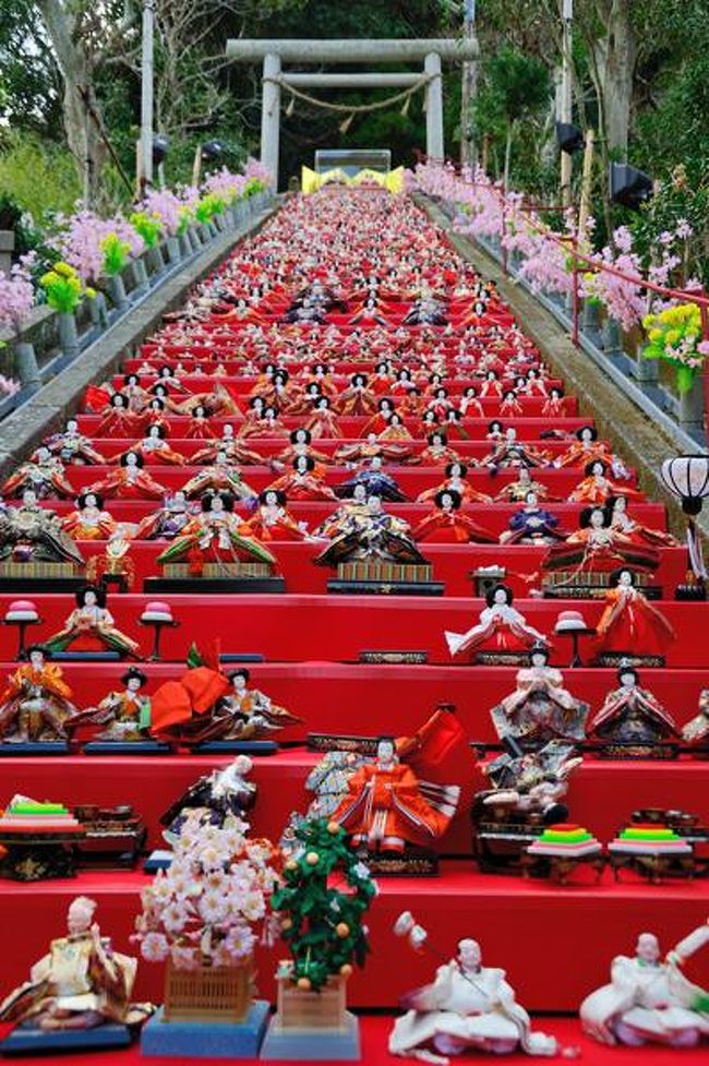 神社の階段に並べられたひな祭りで有名な　勝浦の雛まつり。<br />渋滞を避けて東京から特急電車で出かけました（約１時間３０分ほど）。<br /><br />イベントは勝浦駅周辺だけでなく、奥津会場、行川会場などと広い範囲に及んでいました。<br /><br />結局、勝浦駅周辺と花野辺の里という場所だけに行きました。<br />車で出かけた方が行動範囲が広がります。<br /><br />でも、勝浦駅周辺は、おひな様一色でした。<br /><br /><br />