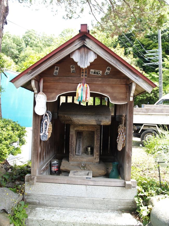 岩瀬大長寺から今泉へは七久保橋かその先にある切通のカーブの手前に出る。砂押川に沿ってある道路もここ七久保橋では変に曲がっている。七久保橋を渡ると大船方面には2つの手掘りのトンネルがあり、熊野神社・多聞院に出る。切通のカーブからは左折する狭い道が旧街道で今泉橋手前の馬頭観音があるところで新道と交わる。今泉橋を渡って今泉小学校東にある団地を抜け、山を下り中町橋に出る途中にも道祖神がある。元々はもう少し下のあたりにあったものを上のカーブに持って来たという。白山神社手前からは今泉台へ上る道路があるが、逆に横浜市栄区側に抜けられた旧道があり、その山道の入り口に庚申塚がある。この道はもう20年くらいは人が通ってはいないようだ。白山神社裏山頂上あたりには大木の山桜の桜並木とその傍らに念佛供養塔がある。切通崖の上に白い花を咲かせる大島桜があるが、幕末の慶應年間に80歳を過ぎた小林さんのお爺さんの祖父さんが植えたのだそうだ。念佛供養塔がある白山神社裏山頂上にある山桜の桜並木も小林さんの地所であるそうであるから、いくら大木だからと言っても幕末の頃に植えられたもので、やはり大島桜が多いという。小林さんのお爺さんには切通崖上にある庚申塚にも案内して頂いた。聞くと福泉山中の庚申塚に案内して頂いた礒崎さんは小林さんのお姉さんの嫁ぎ先だという。両家の人に案内して頂いて今泉にある庚申塚を2箇所も見ることができた。全くの奇遇である。<br />(表紙写真は今泉子神社)