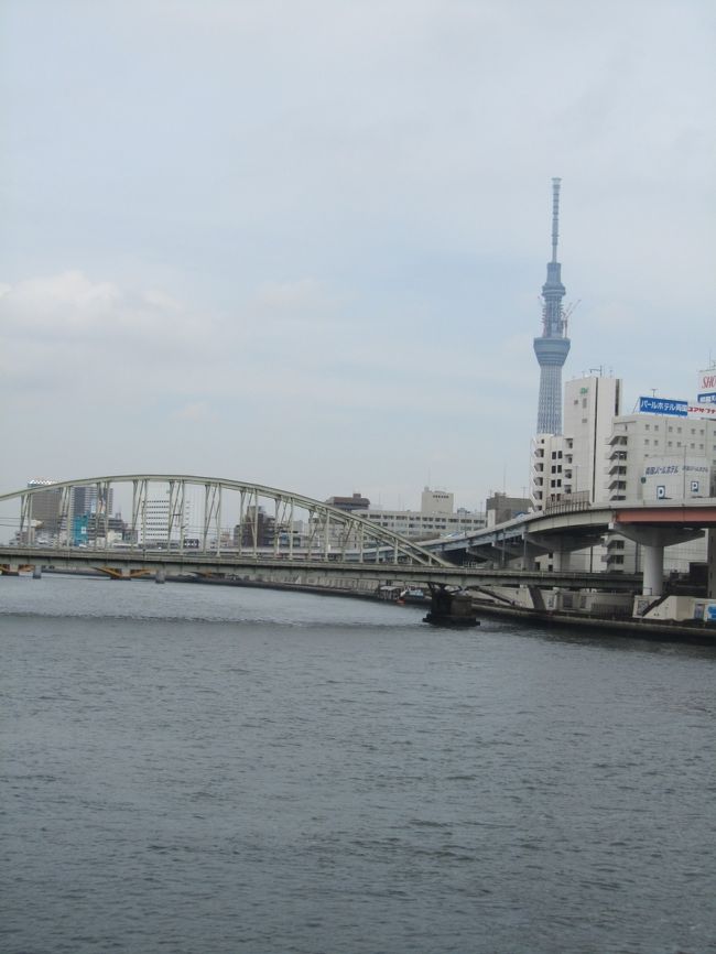 ６月２０日、午後０時５０分過ぎに需要家訪問の序に浅草橋付近より靖国通りに出てから、国道１４号線（京葉道路）沿いに歩いて両国橋へ行き、隅田川を渡った。<br />両国橋を渡るときに建設中の東京スカイツリーを眺めることができた。<br /><br />○両国橋について・・・説明文による<br />両国橋（りょうごくばし）は隅田川にかかる橋で、国道14号（靖国通り・京葉道路）を通す。<br /><br />西岸の東京都中央区東日本橋二丁目と東岸の墨田区両国一丁目を結ぶ。橋のすぐ近くには神田川と隅田川の合流点がある。<br /><br />現在は武蔵国内にあるが、1686年（貞享3年）年に国境が変更されるまでは下総国との国境にあったことから、両国橋と呼ばれる。<br /><br />現在の橋は１９３０年竣工、１９３２年完成<br />橋長：１６４．５ｍ　橋幅：２４ｍ<br /><br /><br /><br />＊写真は両国橋を渡るときに見られた東京スカイツリー
