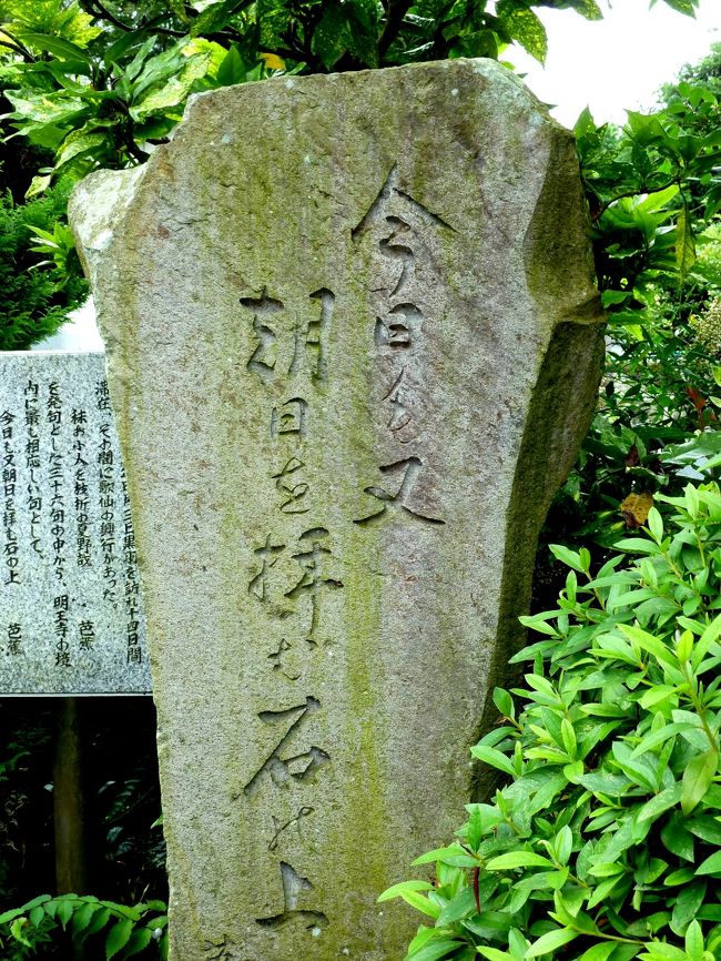 1576年、当時の黒羽一帯を支配していた大関氏が、その居城で余瀬(大田原市余瀬)にあった白旗城を現黒羽城跡に移転した際、城下に住んでいた住民も新しい黒羽城下に移転させたが、合わせて、旧城下の主な神社仏閣も黒羽城下に移築した、「明王寺」もその中の一つ。正式には高岩山密蔵院明王寺と号する禅寺。なかなかどっしりした趣のある本殿。境内の一角に芭蕉の句 今日も又 朝日を拝む石の上を刻んだ石碑が有った。これは芭蕉が黒羽滞在中に行われた歌仙の興業で詠まれた三十六の句の中で、明王寺に最も相応しいと思われる芭蕉の句を選び、明王寺に句碑を建てた、と云われているものだが、明王寺で修行していた行者の姿なのであろうか。解説の先生の説明では芭蕉の「野ざらし紀行」の中に”僧に似て塵有り 俗に似て髪なし”と自らの姿を表した文が有るとかで、奥の細道でも同じ旅装で、おそらく行者の姿とよく似た様相だったのだろとの事。しかし芭蕉自身が明王寺に詣でた記録は見当たらない。