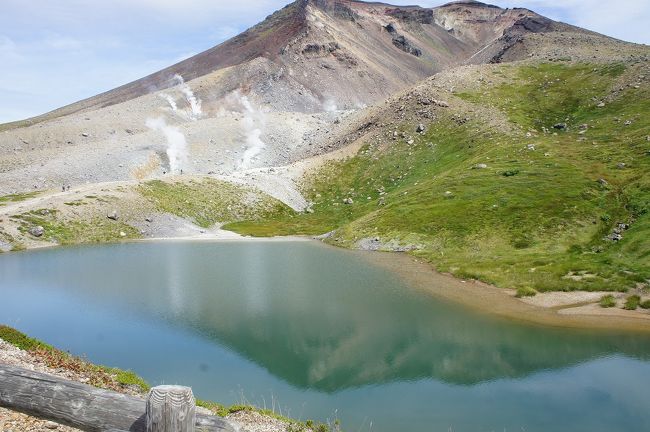 三年ぶりの旭岳は、天気予報では大雨に注意とあったのですが、好天に恵まれ絶好の登山日和でした。<br />この時期にしては暖かく、半そでで登っている人も見かけましたが、さすがに山頂は強風で寒く感じました。<br />持参したフリースが役立ちました。<br />前回は、裾合平、沼の平の紅葉鑑賞コースを散策したので、今回が初の旭岳登山です（といっても、ロープウェー駅からですが）。<br />片道２時間程度の登山で、ひたすら上りが続いてかなりつらいと聞いていたので、覚悟していましたが、カムイミンタラ（神々の庭）といわれる絶景を振り返りつつ登ったら、それほどつらくは感じませんでした。<br />でも７合目くらいから急な上りになり、あとちょっとの頂上がひた<br />すら遠いものに感じて諦めそうになった頃、やっと山頂に到着しました。<br />登山タイムは片道１時間半くらいでした。<br />１泊２日の強行軍ですが、帰りは旭川から高速に乗ったので、あっという間に札幌に着きました。<br />高速代は１８００円でした。<br />帰ってきてから三日くらい太ももの筋肉痛に苦しみました、、、<br /><br />