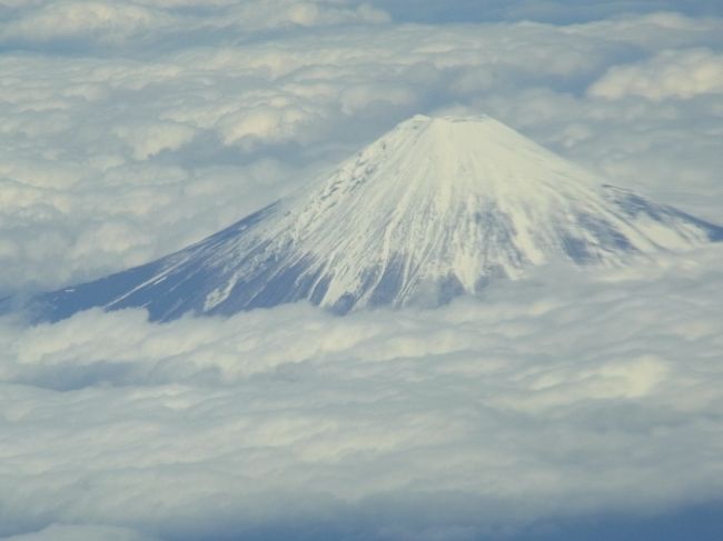 今回は那覇向け飛行コースが陸地の傍を通りましたので、遠いですが富士山がみられました。