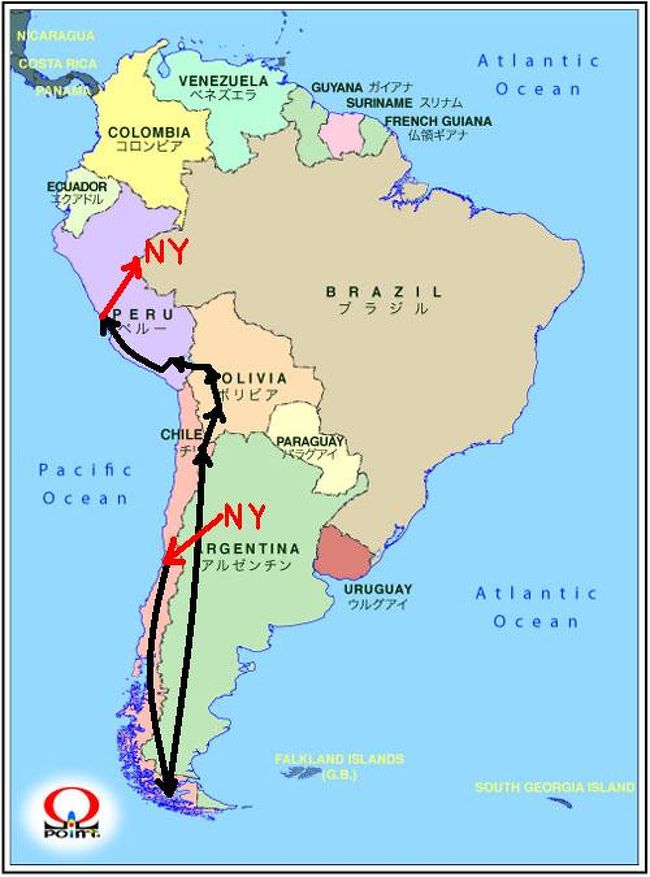 年末年始に、南米のパタゴニア、ウユニ塩湖、ラパス、ティティカカ湖、ペルーに行ってきました。<br />今回の旅は、簡単に説明すると「ツアー・ツアー・ツアー・衝撃！・バス・バス・バス」といった感じでしょうか。<br />パタゴニアでは、パイネ国立公園とペリト・モレノ氷河のツアーに参加しました。<br />そして、ウユニ塩湖ツアーに参加したところ、遭難し警察に救出されるという経験をしてしまいました。概要は、こちらです→http://4travel.jp/overseas/area/latin_america/bolivia/uyuni/tips/10219504/<br />内容はちょっと違いますが、ニュースにもなったようです→http://t.co/IDXbBPPq<br />そして、ウユニの後は、バスを乗り継ぎながら、ラパス、コパカバーナ、アレキパ、イカの町を散策し、リマからNY経由で帰国しました。<br /><br />今回の旅は、ソウル発の航空券のため、一旦羽田からソウルに行ってから成田に戻るというルートを取っています。<br /><br />【おまけ】<br />12/22 東京〜ソウル<br />12/23 ソウル〜東京（成田泊）<br />【行程】<br />12/24 東京〜ニューヨーク〜（夜行便）<br />12/25 サンチアゴ〜プンタアレナス〜プエルトナタレス<br />12/26 パイネ国立公園ツアー<br />12/27 ペリト・モレノ氷河ツアー<br />12/28 プエルトナタレス〜プンタアレナス<br />12/29 プンタアレナス〜サンチアゴ〜カラマ〜サン・ペドロ・デ・アタカマ<br />12/30 ウユニ塩湖ツアー1日目<br />12/31 ウユニ塩湖ツアー2日目<br />01/01 ウユニ塩湖ツアー3日目（遭難1日目）<br />01/02 ウユニ塩湖ツアー4日目（遭難2日目）<br />01/03 ウユニ〜（夜行バス）<br />01/04 ラパス<br />01/05 ラパス〜コパカバーナ〜プーノ〜アレキパ<br />01/06 アレキパ〜（夜行バス）<br />01/07 イカ〜リマ〜（夜行便）<br />01/08 ニューヨーク〜東京（翌日着）<br /><br />【フライト】<br />22 DEC JL 094 Y 羽田 金浦 1940 2210<br />23 DEC JL 950 Y 仁川 成田 1340 1620<br />24 DEC JL 006 C 成田 JFK 1110 1015<br />24 DEC LA 533 Y JFK サンチアゴ 1940 0830(+1) <br />25 DEC LA 285 Y サンチアゴ プンタアレナス1350 1720<br />29 DEC LA 090 Y プンタアレナス サンチアゴ0135 0500<br />29 DEC LA 142 Y サンチアゴ カラマ 0620 0825<br />07 JAN LA 530 Y リマ JFK 2355 0735(+1)<br />08 JAN JL 005 C JFK 成田 1220 1635(+1)<br />（世一旅行社で購入したJAL割引航空券「ソウル〜東京〜沖縄〜東京〜ソウル」660,000W+Taxの残り）<br />（世一旅行社で購入したJAL割引航空券「ソウル〜東京〜ニューヨーク〜サンチアゴ//リマ〜ニューヨーク〜東京〜ソウル」2,250,000W＋Taxを使用開始、成田〜NY間は、ポイントにてビジネスクラスにアップグレード）<br />（LAN航空のHPで購入したサウスアメリカパス「サンチアゴ〜プンタアレナス〜サンチアゴ〜カラマ」US$420+Tax）<br /><br />【バス】<br />03 JAN Panasur ウユニ ラパス 2000 0700(+1) B.104<br />05 JAN Titicaca Travel ラパス コパカバーナ 0830 1230 B.40<br />05 JAN Titicaca Travel コパカバーナプーノ 1330 1600 B.40<br />05 JAN Julsa プーノ アレキパ 1700 2330 s.30<br />06 JAN Cruz del Sur アレキパ イカ 2130 0900(+1) s.101<br />07 JAN Cruz del Sur イカ　 リマ 1400 1900 s.30<br /><br />【宿泊】<br />12/25-27 プエルトナタレス　Hostal Lili-Patagonico ドミトリー（www.hostals.com で予約　9,000チリペソ×3泊）<br />12/29 サンペドロ・デ・アタカマ　Hostal Corvatsch　ドミトリー（現地手配　8,000ペソ）<br />01/02 ウユニ　La Roca トリプル（旅行社手配　一人B.30）<br />01/04 ラパス　一番ホテル　シングル　（現地手配　B.200）<br />01/05 アレキパ　yaravi シングル（現地手配　35ソル）<br />
