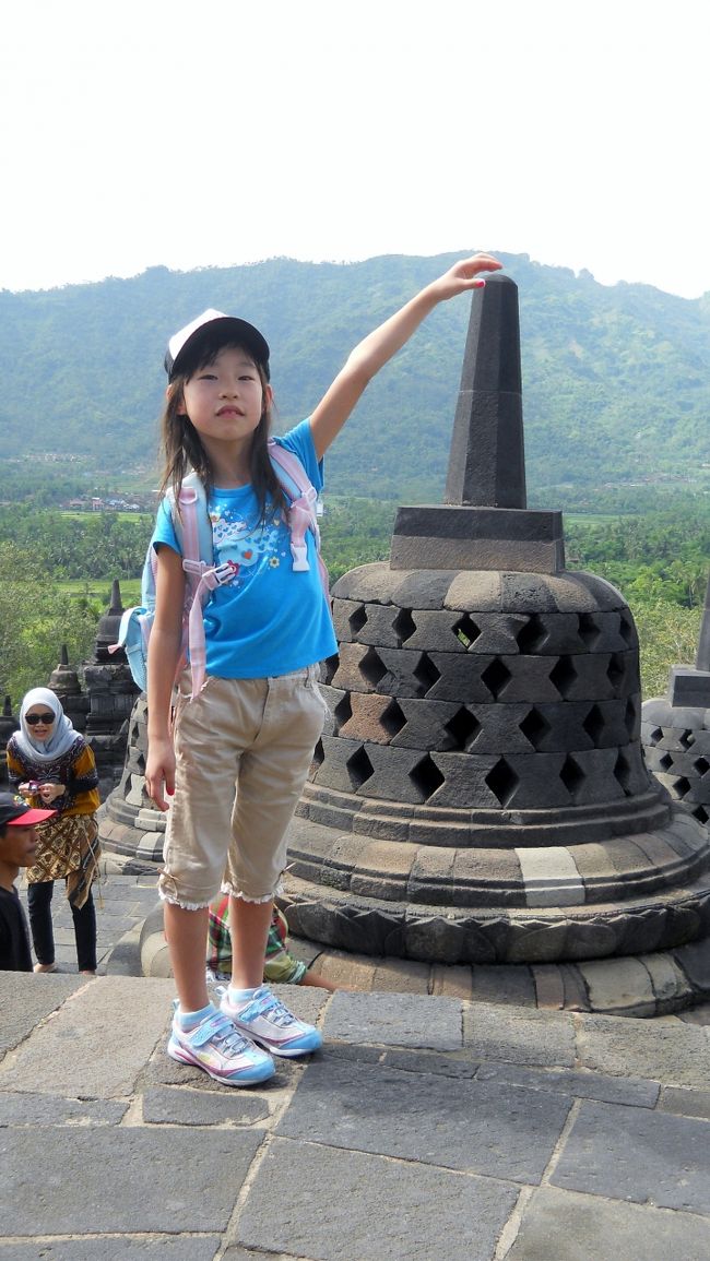 バリ島から日帰りで7歳（小2）の娘と二人で世界遺産めぐり。<br />（3歳の娘はパパとおじいちゃんおばあちゃんとバリでお留守番）<br />バリ島発の現地ツアーはちょっと高めの料金設定で、安いツアーを見つけるとLCC利用で早朝発、深夜帰り。おまけにLCCは遅延も多いという。<br />結局、ケチケチだけど強行軍も避けたいママ（私）は自分でガルーダのチケットを取り、ジョグジャカルタの空港から日本語のカーチャーターを手配した。<br /><br />飛行機代往復、一人あたり1,875,000ルピア（＝15,800円）<br />ネットでガルーダのHPで正規割引運賃のチケットを予約。<br />すると、夜10時ごろだというのに自宅の電話が鳴る。<br />電話に出た娘が、急に&quot;No, No&quot;と言ってるので、電話を替わると、ガルーダから予約確認の電話だった。<br />時差があるとはいえ、こんな夜にわざわざ国際電話をかけてくるなんて、びっくり。<br />予約確認の電話が来たのも初めてだ。<br />日本からの予約って珍しいのかな？？カード詐欺に使われたと思われた？？<br /><br />現地では最初空港でタクシーをチャーターしようと思ったけど、行きずりのドライバーと母娘2人なんて危ないかも…と妄想が膨らみ、現地の代理店を通して事前に予約した。<br />頼んだのはエンジェ。<br />子連れなので、優しいガイドさんとリクエストしたところ、子供好きな女性のガイドさんでとってもよかった♪<br />空港からだと1日12時間でUS$110。<br />運転手さんと日本語ガイド付き。<br /><br />ガルーダインドネシアの国内線を予約する場合はこちらのサイトから↓<br />（日本語のHPは日本発着の便のみで、インドネシア国内線の予約はできませんでした。）<br />http://www.garuda-indonesia.com/<br /><br />エンジェ　ウィサタ　ツアーズ<br />http://borobudurtour.com/index.html