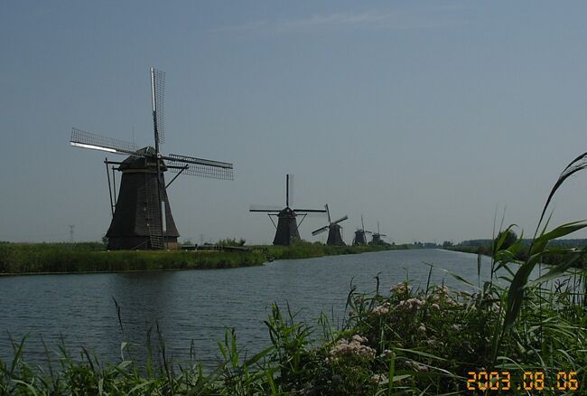 ロッテルダムから地下鉄とバスを乗り継いで、世界遺産のキンデルダイクへ。<br />1740年頃に造られた19基の風車があります。オランダといえば風車ですが、これだけ多くの風車が残されているのは、ここだけだそうです。<br />運河をゆくボートに乗って、運河からの風車の眺めを愉しみ、次は歩道を歩き陸からの眺めを。風車の一つは内部を公開されていて、内部の構造や中からの外の眺めも興味深かったです。更に、タイミングよく風車の帆を張る作業もみられ、堪能しました。<br /><br />この旅行の初日からご覧になりたい方は、こちらをどうぞ<br />http://4travel.jp/traveler/hanken/album/10638920/<br /><br />