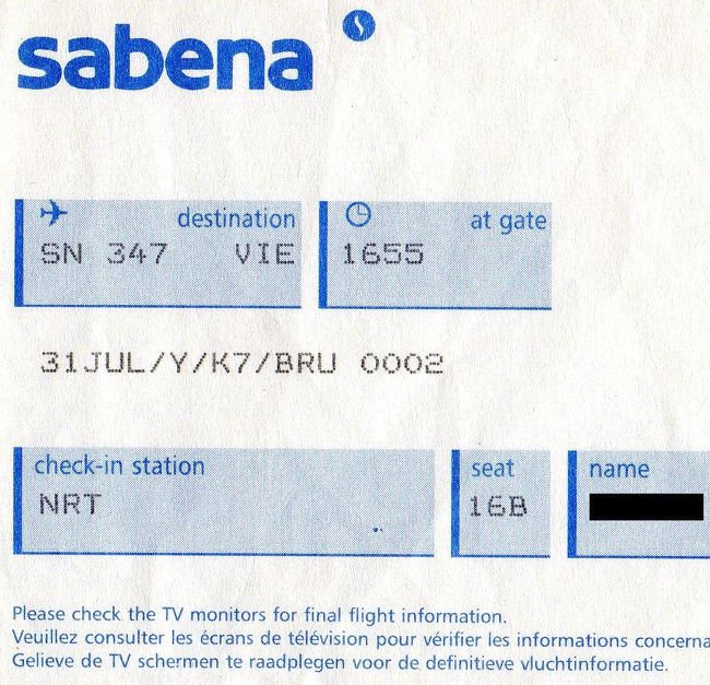 （記録用の投稿なので旅の参考にはなりません。予めご了承ください。）<br /><br />初めての海外旅行で家族で行きました。<br />７泊８日でウィーンからパリへ向かうという過密スケジュールで忙しかったけど、ものすごく新鮮で楽しい８日間でした。<br />飛行機は今は亡き「サベナ・ベルギー航空」。もう乗れないと思うと感慨深いものがありますね。<br /><br />＜全日程＞<br />7/31<br />　【航空機】ｻﾍﾞﾅ・ﾍﾞﾙｷﾞｰ航空　成田 NRT→ブリュッセル BRU<br />　【航空機】ｻﾍﾞﾅ・ﾍﾞﾙｷﾞｰ航空　ブリュッセル BRU→ウィーン VIE<br />　■ウィーン市内泊<br />8/1<br />　★ウィーン滞在（シェーンブルン宮殿など）<br />　■ウィーン市内泊<br />8/2<br />　【バス】ウィーン→ミュンヘン<br />　（途中下車）<br />　★ザルツカンマングート観光（サウンドオブミュージックの舞台）<br />　★ザルツブルク観光<br />　■ミュンヘン市内泊<br />8/3<br />　【バス】ミュンヘン→インターラーケン<br />　（途中下車）<br />　★ノイシュバンシュタイン城<br />　★リヒテンシュタイン<br />　■インターラーケン市内泊<br />8/4<br />　★ユングフラウヨッホ（往復登山鉄道）<br />　【バス】インターラーケン→ジュネーブ<br />　【鉄道】ＴＧＶ　ジュネーブ→パリ<br />　■パリ市内泊<br />8/5<br />　★パリ滞在（オペラ座、ルーブル美術館など）<br />8/6<br />　【航空機】ｻﾍﾞﾅ・ﾍﾞﾙｷﾞｰ航空　パリ CDG→ブリュッセル BRU<br />　【航空機】ｻﾍﾞﾅ・ﾍﾞﾘｷﾞｰ航空　ブリュッセル BRU→<br />　■機中泊<br />8/7<br />　【航空機】　→成田 NRT