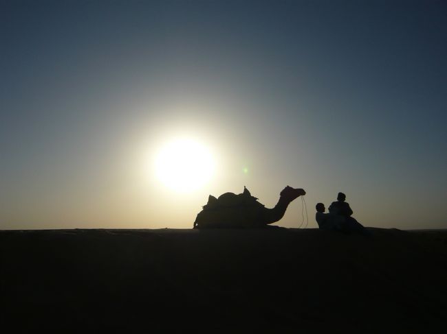 ラジャスタン州の西部の町ジャイサルメールから40km離れたところにあるサム砂丘。<br />キャメルサファリで有名な場所です。<br />きれいな砂丘で夕陽（サンセット）、朝日（サンライズ）を楽しめます。<br />この砂丘はタール砂漠の端にあたり、パキスタンと国境を接し何も無いところですが、このようなところでもロマ（ジプシー）は暮らしています。<br />ここにキャンプ地がありテントに泊まることができます。<br />サム砂丘は、日本人が想像する砂漠のイメージに近く観光客も多いです。<br />キャンプ地はいくつかあり、20以上のキャンプが囲いの中に並びシーズン中は多くの観光客が泊まることになります<br />テントといっても幕の中にはしっかり水洗トイレ、シャワー、洗面がついている状態。<br />なので「本物」の野営ではありません。<br />林間学校のロッジがテントになったような感じ。<br />周囲にはキャメルサファリをするためのラクダとその持ち主が同じく住んでいて<br />沈む夕日や朝日鑑賞を誘う。<br />タール砂漠は砂丘だけではなくちょっとした草が生えていたりする砂漠地帯もあります。