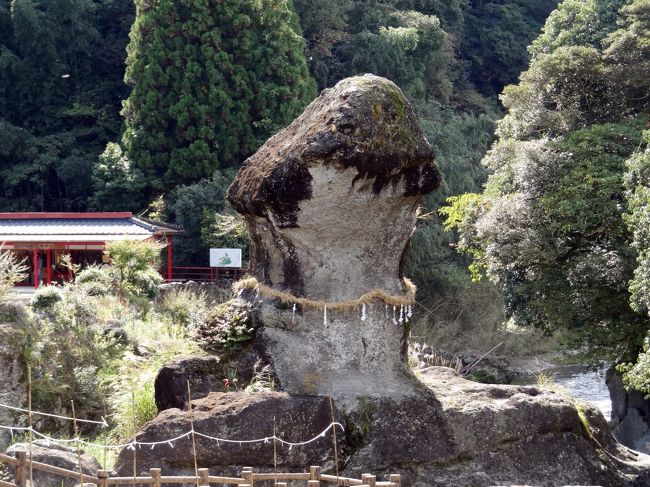 今回の旅行、最後は珍スポット、しかも巨大な珍です。<br /><br />日本各地に陰石、陽石はたくさんありますが、とにかく大きいのが宮崎県小林市の陰陽石です。<br /><br />三之宮峡の下流、浜ノ瀬川に高さ１８ｍの巨大なものが鎮座しています。<br />しかも陽石（男岩）だけでなく、陰石（女石）も一緒にある珍しいものです。<br />これが作られたものじゃないというのも驚きです。<br /><br />周囲の渓谷もなかなかきれいないい所です。<br /><br />帰りは宮崎からフェリーに乗って帰りました。<br />予定変更ばかりの適当な旅行でしたが楽しい旅でした。