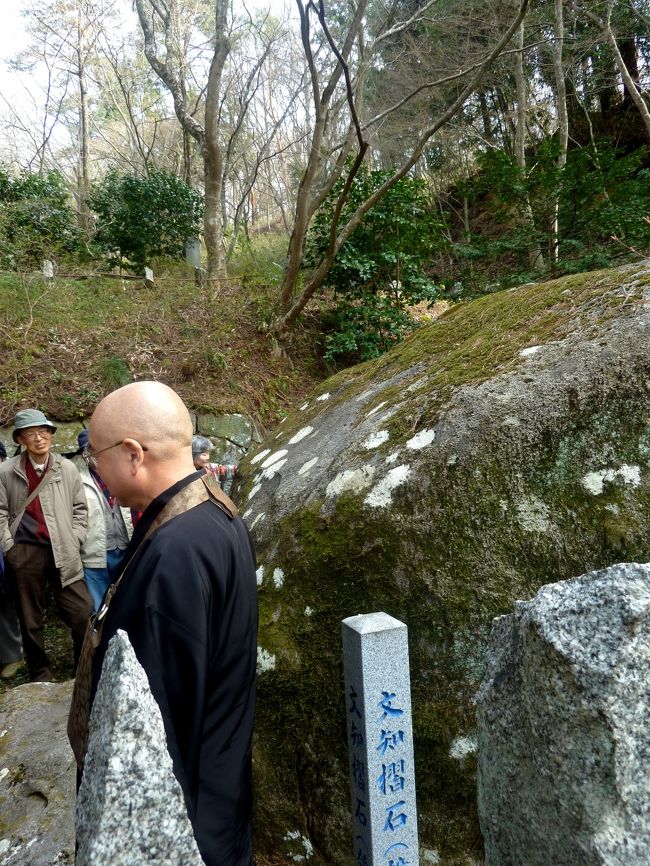 二本松の鬼婆伝説の黒塚観世寺を発った芭蕉達は、再び阿武隈川を西方向に渡り、奥州道中に戻って由井、二本柳、八丁目と北上し、福島で宿を取る。<br /><br />翌朝最初に芭蕉達が向かったのは、信夫文知摺石伝承の残る文知摺観音堂。<br /><br />文知摺観音堂は福島の北東、阿武隈川を岡部の辺りで渡しを舟で越え、現中村街道（相馬街道）をやや東に進んだ所にある。<br /><br />道を外れて芭蕉がわざわざここを訪れたのは、ここに置かれた信夫文知摺石（別名鏡石）に纏わる、大臣源融の村の長の娘”虎女”とのロマンスを詠んだ歌が頭に有ったからと思われる。<br /><br />　　みちのくの　しもぶもみずり誰ゆえに<br />　　　　　みだれそめにし　われならなくに　　源融（小倉百人一首）<br /><br />この辺りには昔忍摺（しのぶずり）と呼ばれる染め物があった。<br /><br />製法はこの地方で産出する花崗岩の捻じれ模様に絹布を貼り、上から忍草で叩いて模様を染め出す。<br /><br />この事が麦の穂や草の葉でこの石を擦ると、想い人の姿が浮かび上がると云う伝説が生まれ、評判となり多くの人がこの石に集まり、お陰でこの石の周囲の麦畑は実りを迎える前に穂が無くなってしまった。<br /><br />怒った麦畑の主は、この石を崖の下に転げ落としてしまう。<br /><br />芭蕉が訪れた頃には、村人にこの石の存在を訪ねまわるが、誰も知らない。<br /><br />漸く一人の子供が、崖のに下に落ち逆様になって泥に埋まり、上部だけやっと姿を見せる石を教えてくれる。<br /><br />折から周りの田圃では、田植えの時期で、早苗を植え付ける早乙女達の器用な手つきから、芭蕉は忍草を染めている女性の姿を偲び、句を詠んだ。<br /><br />　　　早苗とる　手もとや昔しのぶ摺　　　芭蕉<br /><br />境内には芭蕉の旅姿の銅像も建つ。　<br /><br />この像の前で住職曰く。<br /><br />（銅像の芭蕉の手には竹の杖があるが、実際に芭蕉が使用した杖は栗の木か何かの筈で、竹とは・・？）<br /><br />隊士館での昼食を終え、直行した文知摺観音堂では、門前に住職自ら我々を迎え、最初から最後まで案内して下さったが、住職は話すのが仕事、上手で当たり前かもしれないが、ここの住職の話は”楽しい！”。<br /><br />更にここでは本堂以外に傅光閣と云う立派な資料館も運営されている。<br /><br />それでも3・11の災害後、ツアー客は初めてとかで、住職は我々の訪問を大変喜んでおられた。<br /><br />資料館にここで詠んだ句の芭蕉の直筆と云われる軸があり、資料館の宝となっている。<br /><br />住職はこの句のコピーを用意しておられ、参加者中男女の最高年齢の方にプレゼントされた。<br /><br />案内された文知摺観音堂の傍らの木立ちの中に建つ、見事な色彩を施した”多宝塔”（県指定文化財）に目を奪われた。<br /><br />ここを正岡子規も訪れており、その際詠んだ子規の句碑もある。<br /><br />　　　　涼しさの　昔をかたれしのぶ摺り<br /><br />バスの窓から見えなくなるまで、住職は我々を見送っておられた。