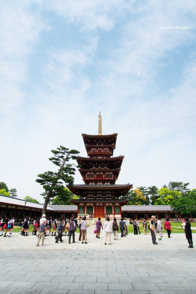 西大寺をあとにして、薬師寺へ到着しました。<br /><br />薬師寺といえば東京で開かれた薬師寺展にて日光・月光菩薩様の二人旅にあった以来の再会です。<br />いざ、悠久の白鳳伽藍へ。<br /><br /><br />薬師寺は天武九年(680)、天武天皇による皇后(後の持統天皇)の病気平癒祈願の発願によって飛鳥の藤原京に創建されたお寺です。<br /><br />持統十一年(697)に天武天皇の崩御後、遺志を受け継いだ持統天皇によって本尊の開眼供養が行われます。<br />七堂伽藍の造営は継続され文武天皇の代まで伽藍の建設が続けられました。<br /><br />和銅三年(710)の平城京遷都によって現在地へ移され今日に至ります。<br />享禄元年(1528)の兵火の際には現在の東塔を残してほとんどのお堂などの建物は焼失してしまいました。<br /><br />昭和四十二年(1967)、白鳳伽藍の復興発願によって写経勧進が始まります。<br />薬師寺はこの写経勧進で金堂・西塔・中門・大講堂・廻廊等を復興建立しました。<br /><br />現在は東塔が修復に入っています。<br /><br /><br />奈良はシルクロードの終着点。<br />現在の京都に都が移った後も奈良は国際交流の拠点として文化交流が盛んでした。<br />
