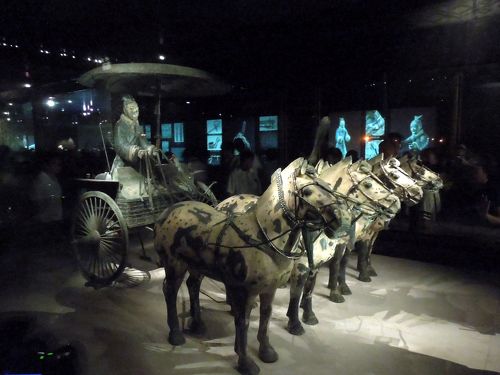 兵馬俑の銅車馬.1号車.2号車のレプリカと書籍 妻と娘