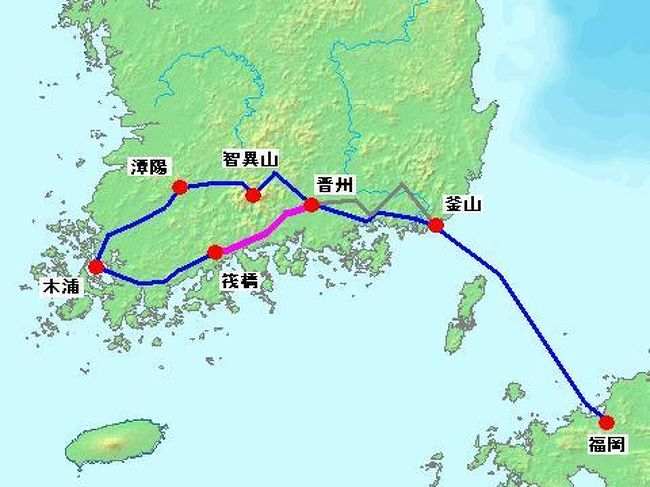 韓国の慶尚道・全羅道を自転車で巡りました。<br /><br />以前の計５回の韓国自転車旅行では、軽量なロードで走りましたが、<br />今回は近所のホームセンターで1万4千円程度で購入した<br />普段乗り用のマウンテンもどきホールディングバイクで走ります。<br /><br />３日目は晋州を出発し、引き続き国道２号線を西に進み、全羅南道の筏橋(&#48268;&#44368;)まで走ります。<br /><br /><br />