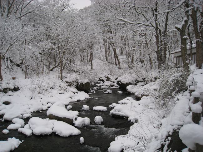 ２００９年１２月１８日から２１日まで、雪の青森を旅しました。<br />今回の旅の目的は、ランプの宿とストーブ列車です。<br /><br />直前までの暖かい気候をあざ笑うように出発前日にクリスマス寒波が襲来、「青森も一面の銀世界と化した」とテレビで報道しています。<br />幻想的な雪景色が楽しめるのは望むところなんですが、二日目からの慣れない雪道の運転に一抹の不安を抱えながらの旅になりそうです。<br /><br />主な行程<br />１２月１８日　黒石、青荷温泉<br />１２月１９日　弘前<br />１２月２０日　五所川原、津軽半島<br />１２月２１日　青森<br /><br />伊丹空港を８時１５分発のJAL2151便で飛び立ち、青森空港には９時５０分に着陸しました。<br /><br />この日は、黒石の「こみせ」通りを散策した後、「ランプの宿」で人気の青荷温泉に宿泊する予定で、青森空港　⇒　空港バスでJR弘前駅　⇒　弘南鉄道で黒石駅　⇒　弘南バス「どさ湯さ号」で道の駅「虹の湖」　⇒　送迎バスで青荷温泉、というルートで向かいます。<br /><br />黒石の「こみせ」は、現在全国の商店街に見られるアーケードに相当するもので、その優れた機能性から、通りの商家や通行人にとってなくてはならないものでした。<br /><br />これは、通りに面する商家が、自らの所有地の一部を提供してでも厳しい自然環境から人々や建物を守るために造ったもので、東北人の優しい人間性の表れであると思います。<br /><br />現在、「こみせ」通りには国の重要文化財に指定されている「高橋家住宅」をはじめ、昔ながらの造り酒屋などが残っていて、古きよき情緒を伝えています。<br /><br />平成１７年には国の重要伝統的建造物群に選定され、市をあげて町並みの保存・修復に努めておられます。<br /><br />激しい雪に見舞われる中、名物の「つゆ焼きそば」のお店を探したり、造り酒屋で酒を仕入れたり、土産物屋さんで津軽三味線の演奏に耳を傾けたりと、あちこち歩き廻りましたが、「こみせ」のおかげで大いに助けられ、とても楽しい時間を過ごすことができました。<br /><br />では次に、今宵の宿、青荷温泉へ向かいます。<br /><br />青荷温泉は、黒石の山奥深く、険しい谷底にひっそりと佇む秘湯で、「ランプの宿」と言われるだけあって、ほのかなランプの明かりが醸し出すロマンチックな世界が広がっています。<br /><br />テレビやラジオは用意されていませんし、もちろん携帯電話も使えません。<br />あるのは、厳しい自然、心地いい湯、そしてゆっくりと流れる時間だけです。<br /><br />風呂は、総ヒバ造りの「健六の湯」、この温泉唯一の混浴で渓流沿いにある「露天風呂」、本館建屋内にある「内湯」、２００５年に新規オープンした「滝見の湯」の４つがあります。<br /><br />雪明りのなか、川の音を聞きながらゆったりと湯に浸れば、幽玄の世界に誘われることうけあいです。<br /><br />黒石駅１５時１５分発の弘南バス「どさ湯さ号」で、宿の送迎バスが迎えに来てくれる道の駅「虹の湖」へ向かいます。<br /><br />このバスは路線バスとして運行されているので、土地の方々も大勢乗り合わせていて、途中の停留所で乗客を降ろしながらバスはどんどん雪深い山奥へ入って行き、道の駅「虹の湖」にはおおよそ４０分で到着しました。<br /><br />道の駅で待つこと３０分あまりで宿の送迎バスが迎えにきてくれたので早速乗り込みます。<br /><br />ここから宿までは、冬場一般車両の通行が禁止されるほどの険しい道が続きますが、この雪の中、その険しい道を何の躊躇もなく走っていきます。<br />慣れておられるとはいえ、大した腕前です。<br /><br />宿までの道すがら、何気なく窓の外を見ていると、走り去る電柱ごとに「ゴイッとカーブ」、「アワくなって」、「あとワンチカメエー」など、お国言葉丸出しの言葉が書かれた看板がかかっているのを見て、語感の面白さに思わず笑ってしまいました。<br /><br />私なりに解読すると、「凄いカーブだよ」、「あわてるなって」、「あと少しで到着だよ」といった、遠来の客の安全を気遣ってくれる言葉のように思われ、客を暖かく迎えてくれる宿の優しい心遣いに感激しました。<br /><br />部屋は「滝見の湯」の２階にある、木の香もすがすがしい和室が用意されていて、今夜は、この部屋のランプ一つだけの明かりの中で過ごします。<br /><br />ただし、トイレはウォシュレットがついた洋式トイレで、さすがにここには電気がきていました。