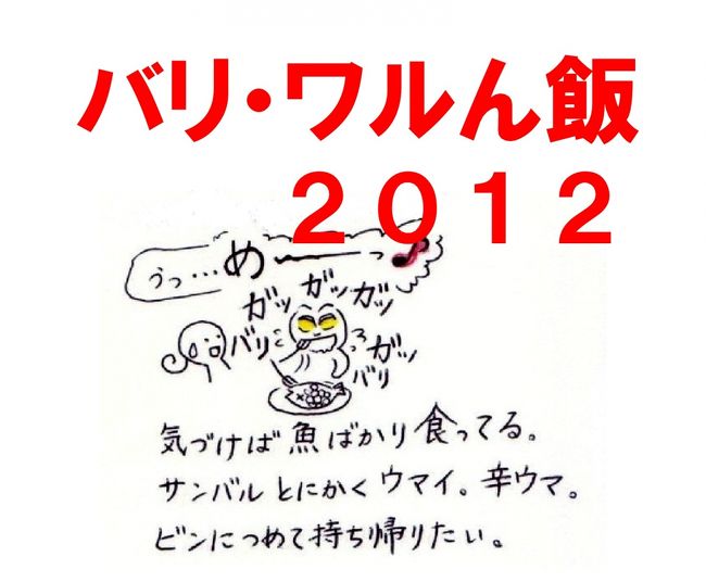 これは、旅行記ではなく、食べ歩きガイドブックを目指して作成しました。皆様の店選びの参考になれば幸いです。<br />この食べ歩き旅行記は、ワルン編と甘味処編の2冊に分かれています。<br /><br />1 旅行記『バリ・ワルん飯』に掲載したワルン<br /> (1)クタ地区<br /> 一 ス−パ−・ノバ周囲の店<br /> (ア)ニクマット<br /> (イ)ブレンクン<br /> (ウ)ワルン・サトリア<br /> 二 クタ南部 <br /> (ア)フェブリスホテルのレストラン<br /> (2)サヌ−ル地区<br /> 一 サヌ−ル北部<br /> (ア)ワルン BU HAJI(サテ・カンビン屋)<br /> (イ)ワルン・ポジョ<br /> (ウ)ワルン・アディ<br /> 二 サヌ−ル南部<br /> (ア)ワルン・ブデ<br /> (イ)ワルン・ブナナ(サヌ−ル店)<br /> (マレ−系カレ−とロティの店)<br /><br />2 旅行記『バリ甘味図鑑』に掲載した甘味処<br /> http://4travel.jp/traveler/bururu/album/10712973/<br /> (1)クタ地区<br /> (ア)TOP ICE TELER<br /> (イ)ニクマット<br /> (2)レギャン地区<br /> (ア)ワルン 34<br /> (イ)ワルン PADMA<br /> (3) サヌ−ル地区<br /> 一 サヌ−ル北部<br /> (ア)ワルン BU SOLEH<br /> (イ)シンドゥ市場のフル−ツ屋台<br /> 二 サヌ−ル南部<br /> (ア)ワルン・パラヒャンガン<br /> (4)空港内<br /> デパ−チャ−ラウンジ手前のカフェ<br /><br />3 食した物の味評価<br /> ぶるるひでとひでヨメの主観に基づく味評価点表記は、<br /> 以下のように記載されています。<br /> (★★★★★5.0点) 絶品!!<br /> (★★★★☆4.5点) 大変美味!!<br /> (★★★★ 4.0点) 美味しい! 好吃!<br /> (★★★☆ 3.5点) まずまずの味<br /> (★★★ 3.0点) ふつう<br /> (★★☆ 2.5点) 今ひとつ<br /> (★★ 2.0点) がっかり…<br /> (★☆ 1.5点) もう来ない。<br /> (★ 1.0点) 金返せっ!<br /><br />4 関連旅行記「ぶるる旅絵日記バリ島 2012」について<br /> http://4travel.jp/traveler/bururu/album/10699374/<br /> 絵日記も覗いて頂けると嬉しいです。<br /> (※旅絵日記は、写真掲載なし。)<br /> ○滞在したホテル(宿泊した部屋の見取り図付き)<br /> (1)ブル−ポンント・ベイ・ヴィラス(ウルワツ) <br /> (2)サンティカ・プレミア・ビ−チリゾ−ト(クタ) <br /> (3)プリ・サントリアン(サヌ−ル) <br /> (4)ロイヤル・ビ−チ・スミニャック・バリ(スミニャック)<br /> (旧:ソフィテル・スミニャック・バリ)<br />
