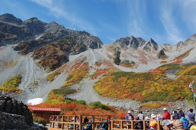 紅葉と雪を見たくて34年ぶりに北アルプスの奥穂高岳(奥穂)に登りました。上高地はまだ紅葉は始まっていませんが涸沢付近は見事な紅葉でした。例年10月10日前後が紅葉のベストシーズンで、3連休後でしたが多くの方が来ていました。涸沢ヒュッテでは1枚のフトンに3人寝る混み用でしたが、ちょっと厳しい岩山を2時間半登った穂高山荘は1人1枚でまだ余裕がありました。2日目穂高山荘に付いた日は雪がなかったのですが3日朝、奥穂山頂に立ったころに飛騨側からの強い風と雪が叩きつけ冬山の感じも味わえ満足しました。<br />行程(10月9日〜12日)<br /> 1日目 自宅→車→平湯温泉駐車場→バス→上高地⇒明神池⇒徳沢(テント泊)<br /> 2日目 徳沢⇒横尾⇒涸沢⇒穂高山荘(小屋泊)<br /> 3日目 穂高山荘⇒奥穂高岳⇒穂高山荘⇒涸沢⇒横尾⇒徳沢(テント泊)<br /> 4日目 徳沢⇒上高地→バス→平湯温泉駐車場→車→自宅