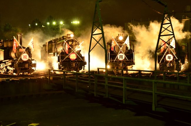 梅小路蒸気機関車館で開館40周年を記念して、夜間開館『SLのライトアップ展示』イベントが行われていました。<br />闇夜の中で光り輝く蒸気機関車の幻想的な光景を見に訪れてみました。