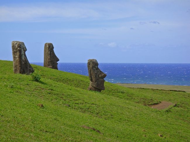 謎多きモアイとは対照的に、イースター島は静かでのんびりした所で、青い海と空、黄色い花が印象的でした。<br /><br />島全体にカレーのような匂いが漂っているのですが、植林されたユーカリの落ち葉などが土壌と反応してそのような匂いが出るそうです。<br /><br />モアイには不思議な存在感と迫力がありましたが、どこか滑稽な感じがしました。<br /><br />しかし、村の守り神として建てられた神聖なもので、モアイのすぐ近くには立ち入ってはいけないことになっています。<br /><br />多くのモアイは、過去の部族間の争いによって倒されていて、一部だけが復元（立ち直らせる）されています。