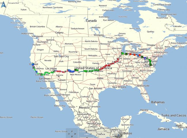 行程<br />10/2 成田発ーーサンフランシスコ着、バイクレンタル、カーメル泊　227Km<br />10/3 カーメルー〜サンタモニカ   610Km<br />10/4 サンタモニカールート６６へ---&gt;キングマン  646Km<br />10/5 キングマンーーーギャラップ 604Km<br />10/6 ギャラップーーーサンタフェ　366Km<br />10/7 サンタフェーーーアマリロ　502Km<br />10/8 アマリローーーーオクラホマシティー　459Km<br />10/9 オクラホマシティー---スプリングフィールド　589Km<br />10/10 スプリングフィールド−−−スプリングフィールド　609Km<br />10/11 スプリングフィールドーーーシカゴーーサウスベンド　516Km<br />10/12 サウスベンドーーーピッツバーグ　711Km<br />10/13 ピッツバーグーーーリッチモンド　772Km<br />10/14 リッチモンド　バイク返却----ワシントンDC アムトラック<br />10/15 ワシントン−−−ニューヨーク　妻（日本から）と合流<br />10/16 NY観光<br />10/17 ニューヨーク−−−ボストン　<br />10/18 ボストンーーーハル<br />10/19 ハル−−−ナンタケット<br />10/20 ナンタケット<br />10/21 ナンタケット−−ニューヨーク<br />10/22 ニューヨーク発<br />10/23 成田着<br />