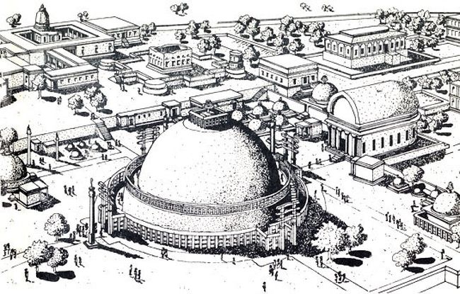 古代の商業都市ヴィディシャーから9キロメートルほどのサーンチーの小高い丘の上には、マハー・ストゥーパ（大塔）として知られる第1ストゥーパを中心に、多くのストゥーパや祠堂、僧院址などが残っています。<br />約50の遺構のほとんどは、古い擁壁によって平らにされた約380メートルに200メートルの台地に散在しています。<br /><br />イギリスのテイラー将軍によって発見された1818年当時、この仏教遺跡は何世紀も前から廃墟と化して植物におおわれていました。<br />本格的な学術調査と発掘が行われたのは1912年から1919年にかけてでした。<br /><br />その調査報告書によれば、これらの建造物の造営は2期に大別され、<br /><br />第1期は古代のマウリヤ朝から シュンガ朝、サータヴァーハナ朝の時代（前3世紀〜後1世紀）であり<br />、<br />第2期は中世のグプタ朝以降の時代 ( 4世紀〜11世紀）とされています。 <br /><br />したがってサーンチーは、インドにおいて仏教が栄えた ほとんどの時代を通じて、一大仏教センターとして機能していたのでした。<br />ブッダの生涯と直接の関係もない地域に、これほど栄え、多くの施設が建てられたのは、ヴィディシャーの商人たちの保護によるものと考えられています。<br /><br />写真はサーンチーの復元図です。<br />