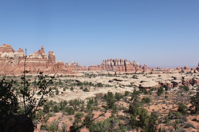 ２年ぶりにグランドサークルの旅に行ってきました。<br />今回はArches National Park(以下NP）とCanyonlands NPの２つの国立公園、Colorado National Monument、Dead Horse Point State Parkを回ってきました。<br />ArchesとCanyonlandsの国立公園は５年前に１度訪問しているのですが、その時あまりにも心残りが多かったため再訪問しました。<br />また今回は初めてコロラド州（といってもI-70のFruitaまで、州境を超えてすぐ）にも足を伸ばしました。<br />滞在時間を増やすため、行き帰りの航空機はDELTA航空の羽田便を選択。<br /><br />【旅程】<br />□9/14（金）　羽田→（日付変更線）→LAX　LA宿泊<br />□9/15（土）　LAX→SLC（Salt Lake City）→Fruita（CO）泊<br />□9/16（日）　Colorado NM→Moab泊<br />□9/17（月）　Arches NP<br />■9/18（火）　Canyonlands NP（Needles）<br />□9/19（水）　Canyonlands NP（Islands In The Sky）→Arches NP<br />□9/20（木）　Dead Horse Point 州立公園→Las Vegas泊<br />□9/21（金）　Las Vegas観光<br />□9/22（土）〜9/24（月）　Las Vegas観光　LAS→LAX→羽田<br /><br />今日はCanyonlands NPのThe Needlesでトレッキング。<br />Elephant Hillを出発してChesler Parkまで歩いてきました。<br /><br />今日の宿泊はMoabのLastec Inn です。