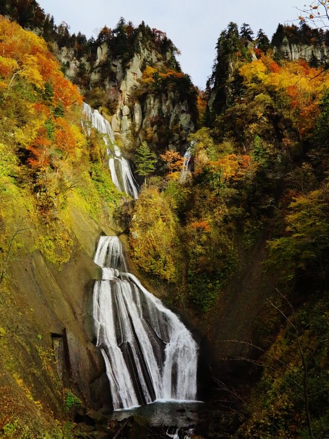 羽衣の滝（はごろものたき）は、北海道上川郡東川町にある忠別川の支流アイシポップ沢と双見沢にかかる滝で、7段の滝の途中で2つの沢が合流している。1991年（平成3年）「日本の滝百選」に選定された。。<br /><br />大雪山系の東側、忠別川の侵食によってできた渓谷である天人峡の一角に位置する。落差は270メートルとされ、北海道内では最大、全国でも立山の称名滝（350メートル）に次ぐ日本第二位の滝とされている（諸説あり）。<br />1900年ごろに発見され、当初は「夫婦滝」と呼ばれていたが、1918年に大町桂月が「千丈の懸崖雲上に連なり、懸崖欠くる処飛泉を掛く、相看てただ誦す謫仙の句、疑ふらくは是れ銀河の九天より落つるかと」激賞し、「羽衣の滝」と命名したといわれている。<br />大雪山への登山口のひとつでもある天人峡温泉に近く、温泉街からの滝への散策路が整備されている。<br />また、天人峡には忠別川上流に敷島の滝があり、落差は20mほどだが、本流に掛かる滝であるため水量が多く、「東洋のナイアガラ」「北海道のナイアガラ」とも呼ばれている。 天人峡温泉から登山道を約3km登った場所にある滝見台からはこれら2つの滝の全景を望むことができる。<br />（フリー百科事典『ウィキペディア（Wikipedia）』より引用）<br /><br />復活！北海道天人峡の名瀑「羽衣の滝」はやっぱり美しかった<br />かつて北海道東川町の天人峡で起こった大規模な土砂崩れにより、2013（平成25）年5月以来、通行止めになっていた「羽衣の滝」。このたびようやく遊歩道が復旧、2018（平成30）年6月11日、満を持して通行が全面開通されました。「日本の滝百選」にも選ばれ、北海道最大の落差を誇る「羽衣の滝」。無事復活を遂げたこの名瀑を拝みに天人峡を訪れてみませんか？<br /><br />北海道東川町、旭川の奥座敷とも呼ばれる天人峡（てんにんきょう）。ここは東に旭岳や大雪山を臨む大雪山国立公園内に位置し、柱状節理の険しい渓谷に広がる美しい紅葉と温泉郷で有名なスポットです。<br />この地には古くから伝わる羽衣伝説があり、それは昔々、この地を訪れた心優しき若者が山賊に奪われた天女の羽衣を取り返してあげた際、天女がそのお礼にと舞を踊り、その舞によって小さな滝が羽衣の如くに美しく大きな滝に生まれ変わったというもの。それが今、天人峡随一の人気を誇る「羽衣の滝」なのです。<br />ところが、2013（平成25）年5月に大規模な土砂崩れが発生。これにより遊歩道および展望台が壊滅的なダメージを受け、以降、復旧工事のため長らく通行止めになっていました。<br /> <br />5年の歳月をかけ、2018（平成30）年6月11日、満を持して全面開通を迎えました。まだ一部復旧工事が続いているところもありますが、道は整備され、新たな遊歩道とともに観賞台もリニューアルされています。渓谷美もそのままに、羽衣の滝の美しさももちろん健在です！<br />https://www.travel.co.jp/guide/article/34530/　より引用<br /><br />天人閣については・・<br />http://www.tenninkaku.jp/<br /><br />上川の概要<br />　北海道のほぼ中央に位置し、地形は南北に細長く、２２４．４km、面積は１０，６１９km2で全道の１２．７％を占めています。　これは、新潟県（１０，３６３km2）とほぼ同じです。<br />（　http://www.kamikawa.pref.hokkaido.lg.jp/gaiyo/index.htm　より引用）<br />
