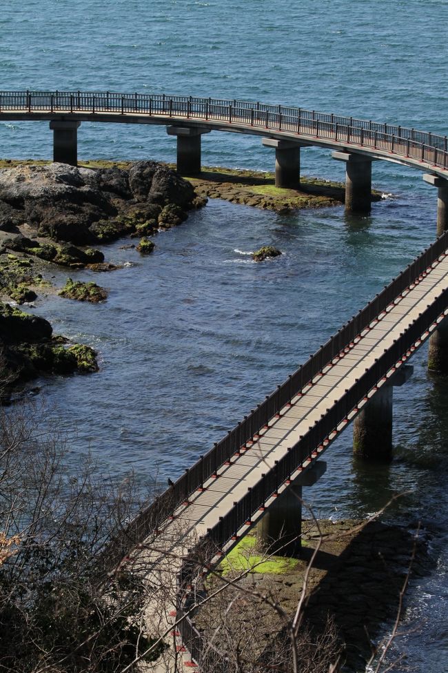 ■笠戸島海上遊歩道（海上プロムナード）を歩く<br /><br />　笠戸島は山口県下松市沖の瀬戸内海に浮かぶ三日月形の離島です。<br />　瀬戸内海国立公園に含まれ古くは造船の島として栄えました。<br />　昭和45年には本土と島を結ぶ「笠戸大橋」が造られ交通の便も良くなり、また、風光明媚なことから今では観光の島として人気があります。<br />　海上遊歩道（海上プロムナード）は「はなぐり海水浴場」の南側にあり、海岸線に沿って整備されています。<br />　全長は約300mあり、海上の散歩、釣りなどが楽しめる突堤が３基あります。<br />　地名の由来は、厳島明神が当地に笠を捨て置いたという伝説に由来します。<br /><br />【手記】<br />　休みゼロの毎日、本日も日曜日でしたが午前中はお勤め。午後から時間の有効利用？で、わずか〜な時を見つけて、スーツ＆ネクタイの勤務スタイルのまま、片道105Ｋｍの下松市笠戸島までゆっくり、のんびり、愛車をぶっ飛ばして =3=3 ＾.＾；）行ってまいりました。<br />　帰路途中、光市の冠山総合公園‘梅の里梅まつり’へも立ち寄り梅の花を観賞ました。（一昨年と同じ）<br /><br />‘‘ 梅一輪　一輪ほどの　あたたかさ ’’<br />　わたくし、春の訪れを感じさせてくれるこの句が大好きなんです。